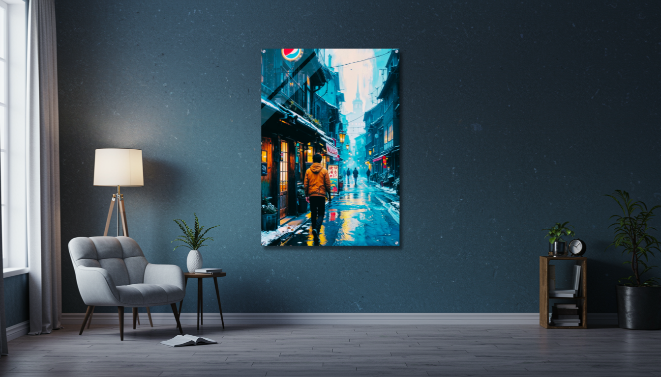 Ein fantasievolles, modernes Interieur-Mockup mit einer breiten, leeren Wand, dezentem, leuchtendem Umgebungslicht in Violett- und Blaugrüntönen, minimalistischer Einrichtung, einer magischen Atmosphäre.