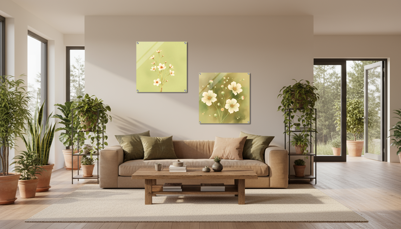 Ein modernes Wohnzimmer im Landhausstil mit einer großen leeren Wand, Holzstrukturen, natürlich platzierten Grünpflanzen, einfallendem Sonnenlicht, Erdtönen, einer gemütlichen natürlichen Atmosphäre.