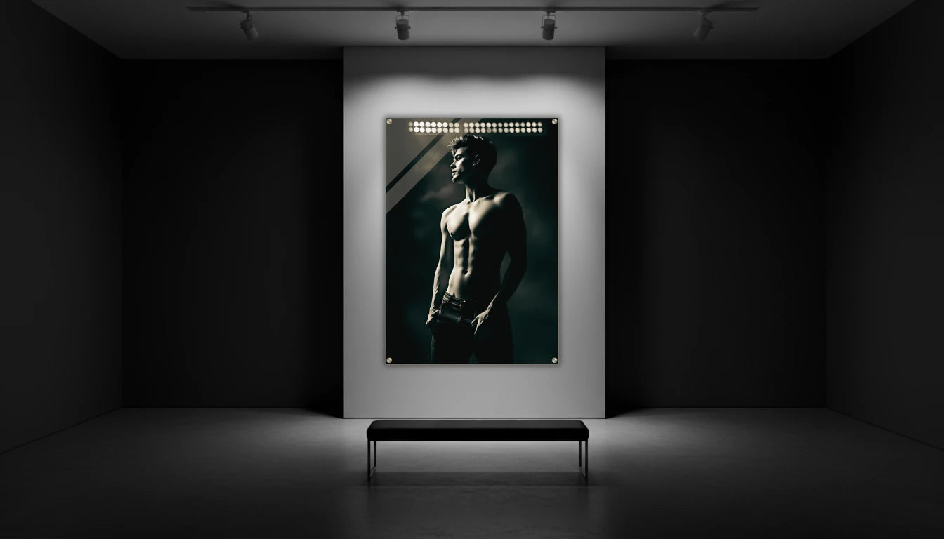 Ein modernes, minimalistisches Galerie-Raum-Mockup mit einer großen vertikalen leeren Wand, dezentem Scheinwerferlicht von oben, das auf die Wand gerichtet ist, neutralen Farbtönen, einer einzigen eleganten Bank davor.