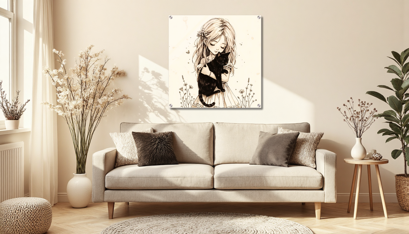 Ein helles, gemütliches Wohnzimmer-Mockup mit einer großen leeren Wand, sanftem Tageslicht, Pastell- und Warmtönen, minimalistischen skandinavischen Möbeln.