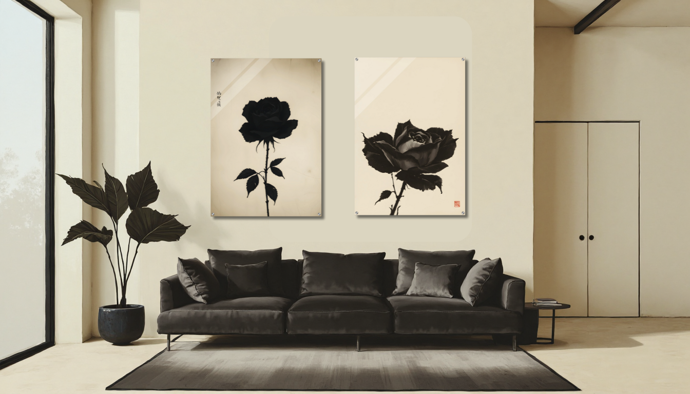 Ein stimmungsvolles, modernes Loft-Modell mit einer breiten, leeren Wand, dunklen Beton- oder Anthrazittönen, Spotbeleuchtung von oben, die dramatische Schatten erzeugt, schwarzem Ledersofa.