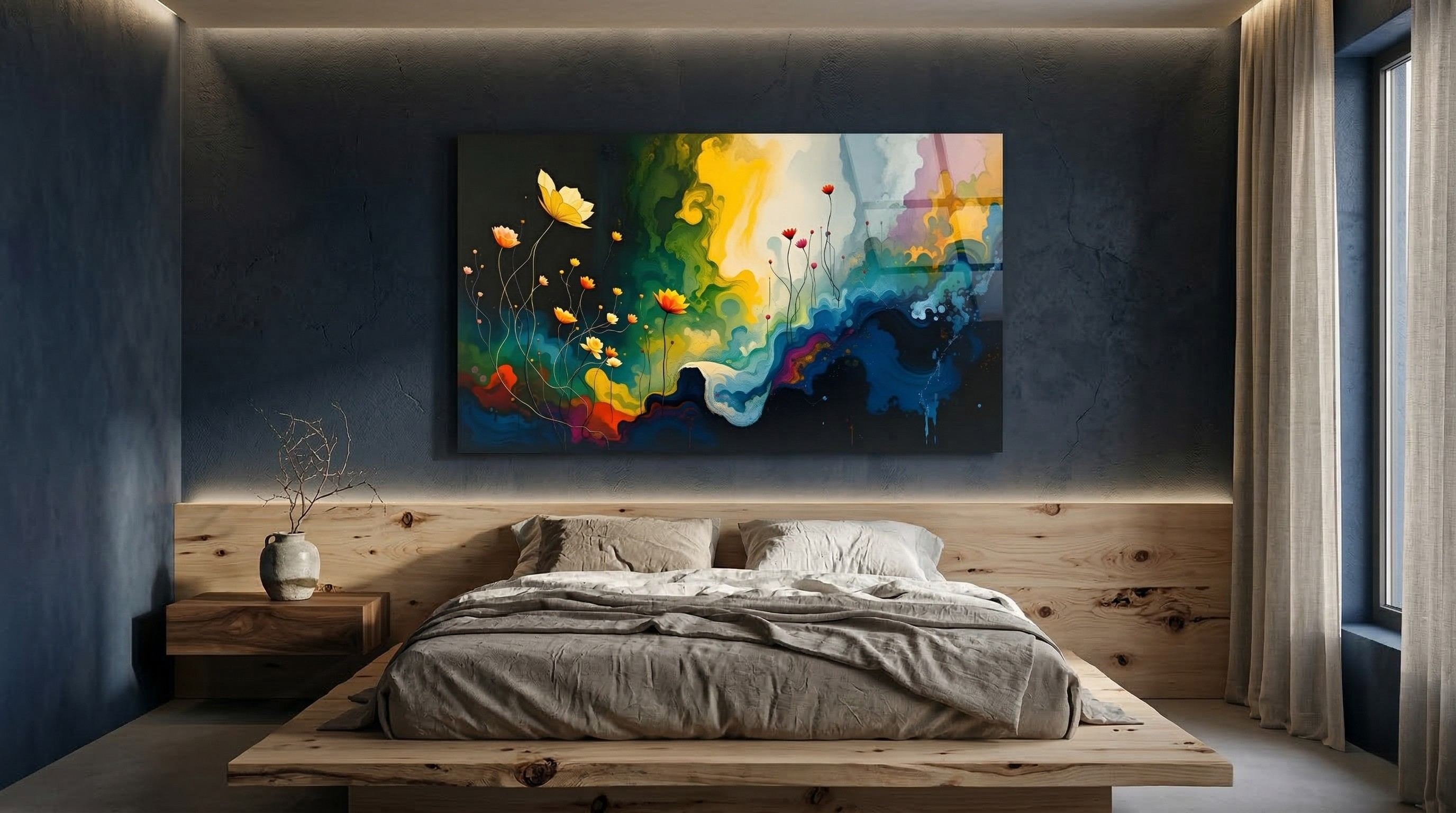 Ein futuristisches, modernes Galerie-Mockup mit einer großen leeren Wand, klaren Weißtönen, sanften Neonakzenten (Blau, Rosa, Gelb), die sich subtil auf dem Boden widerspiegeln.