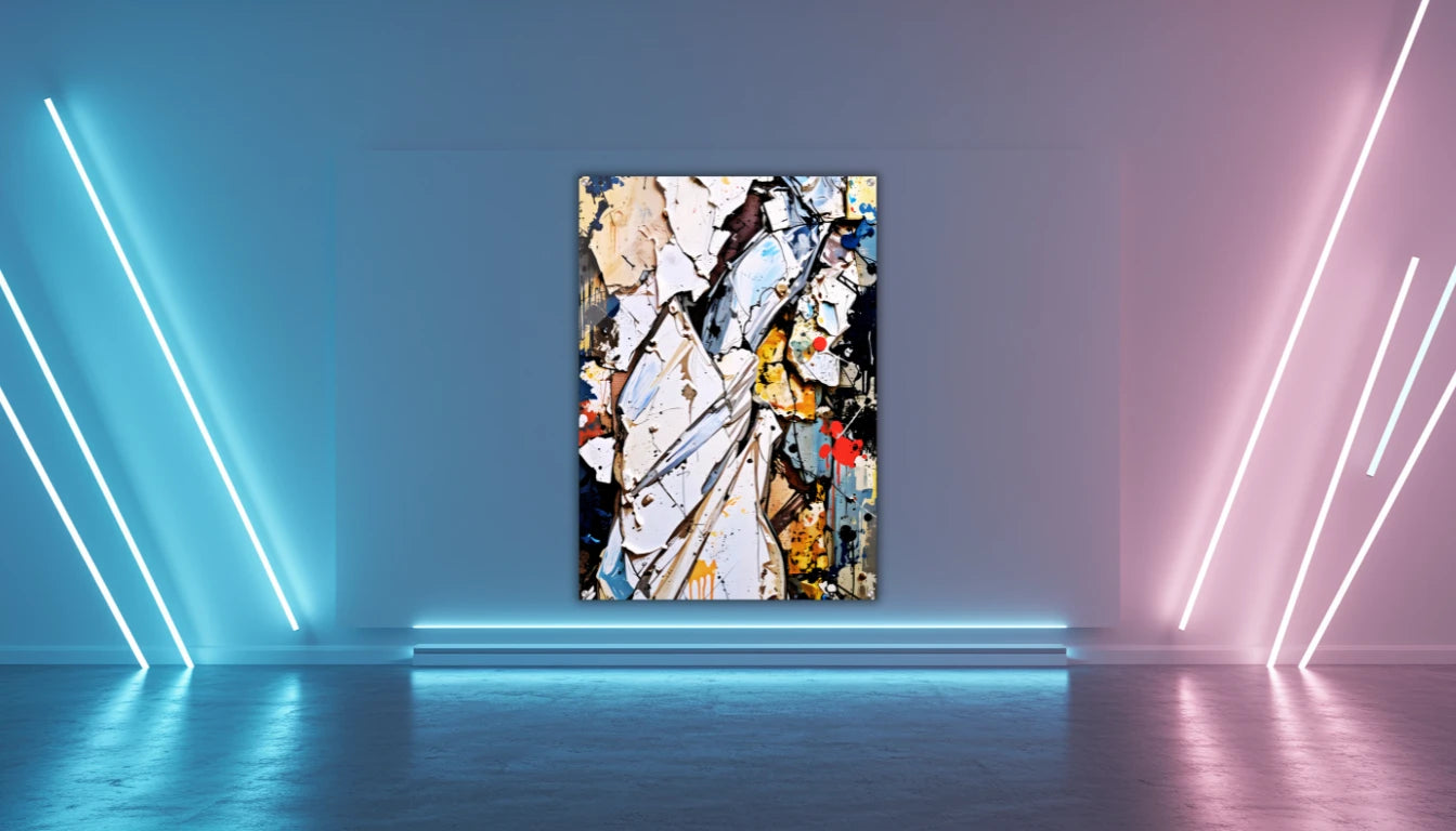 Ein futuristisches, modernes Galerie-Mockup mit einer großen leeren Wand, klaren Weißtönen, sanften Neonakzenten (Blau, Rosa, Gelb), die sich subtil auf dem Boden widerspiegeln.