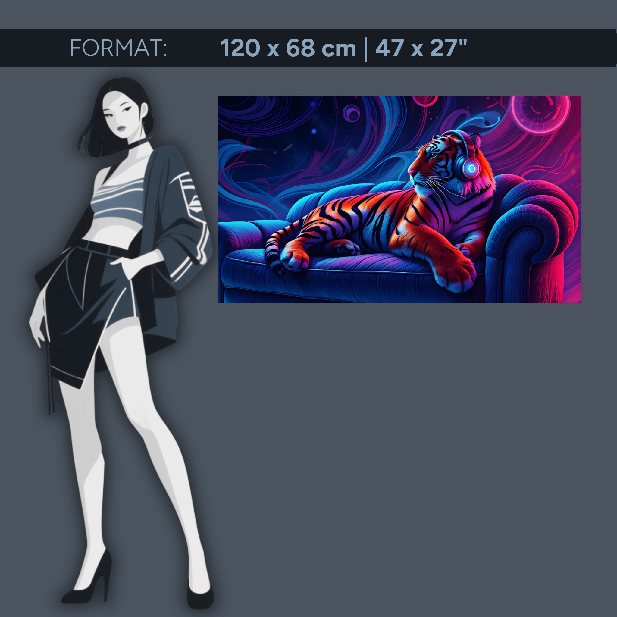 Tigre néon avec casque audio – Décoration murale en verre acrylique pour les mélomanes et la vie moderne