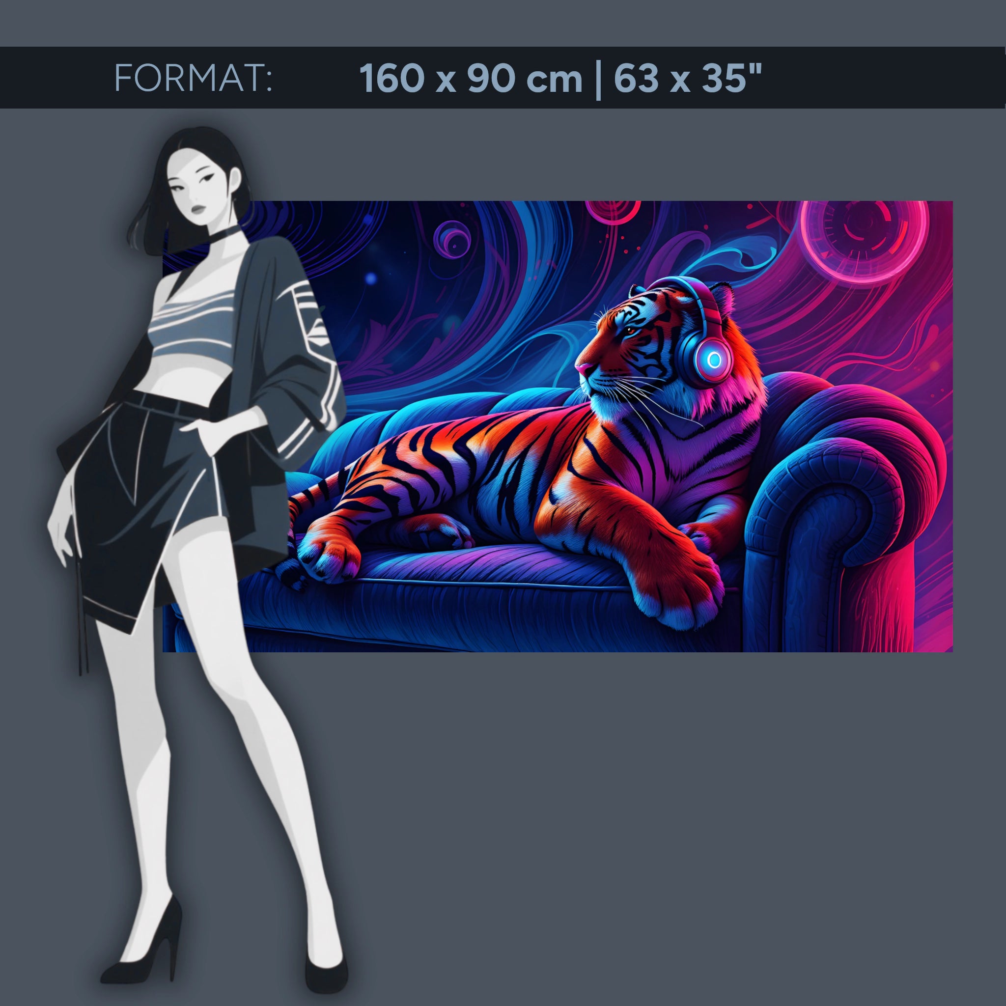 Neon tiger with headphones – acrylic glass wall art for music lovers & modern living