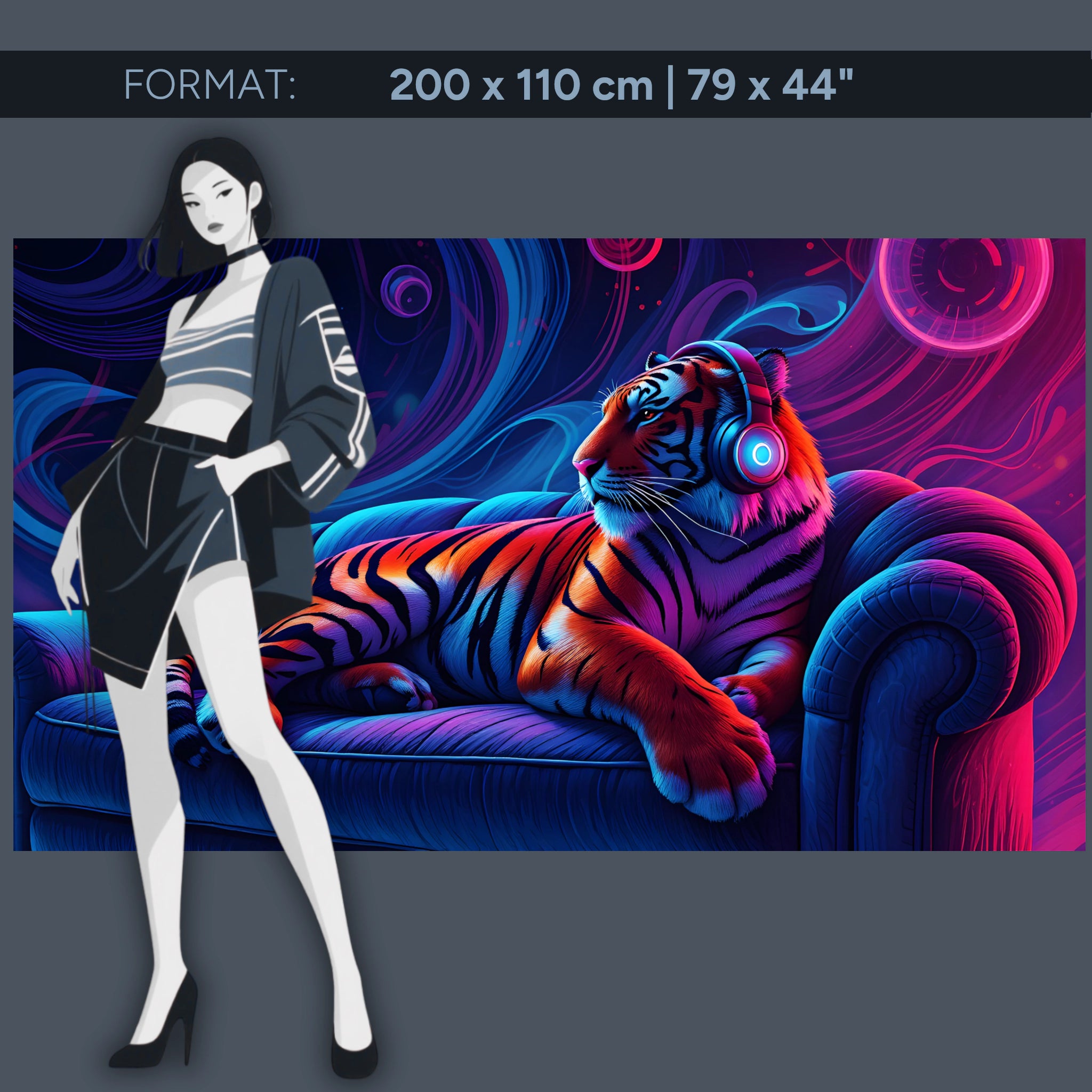 Neon tiger with headphones – acrylic glass wall art for music lovers & modern living