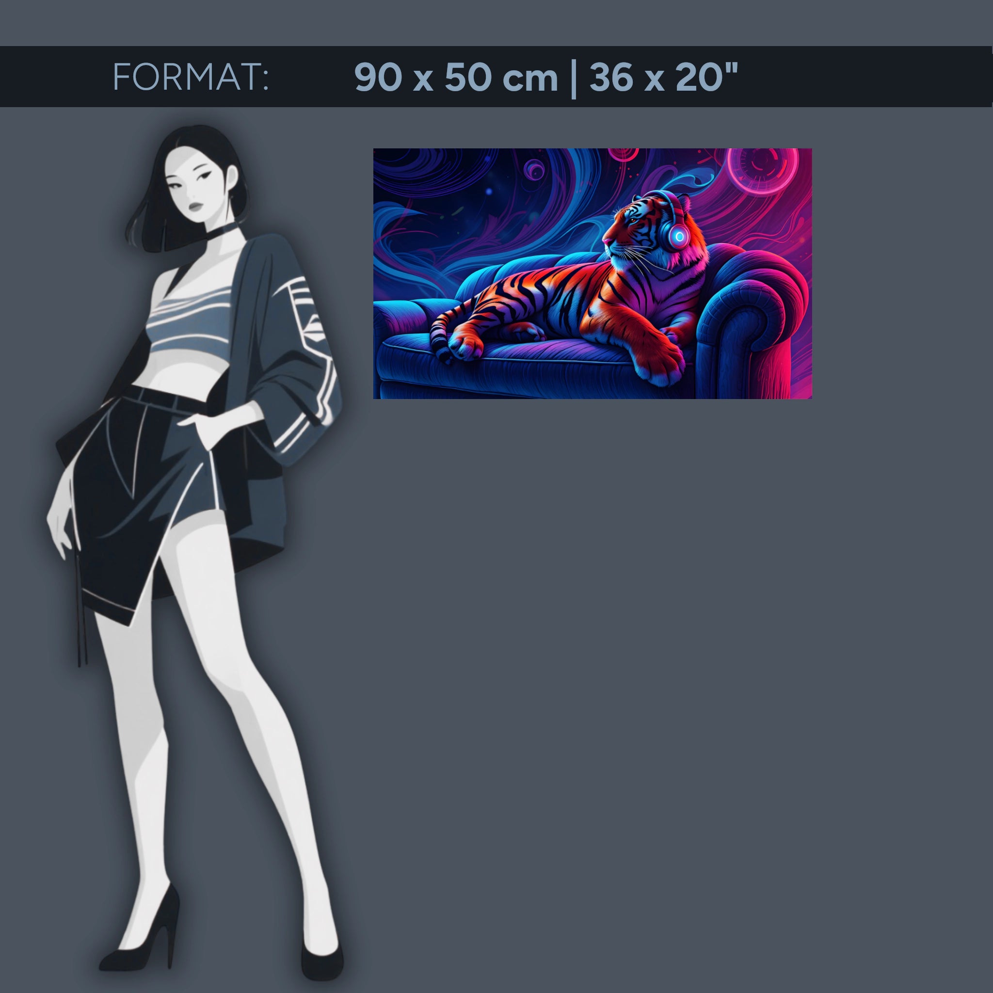 Tigre néon avec casque audio – Décoration murale en verre acrylique pour les mélomanes et la vie moderne