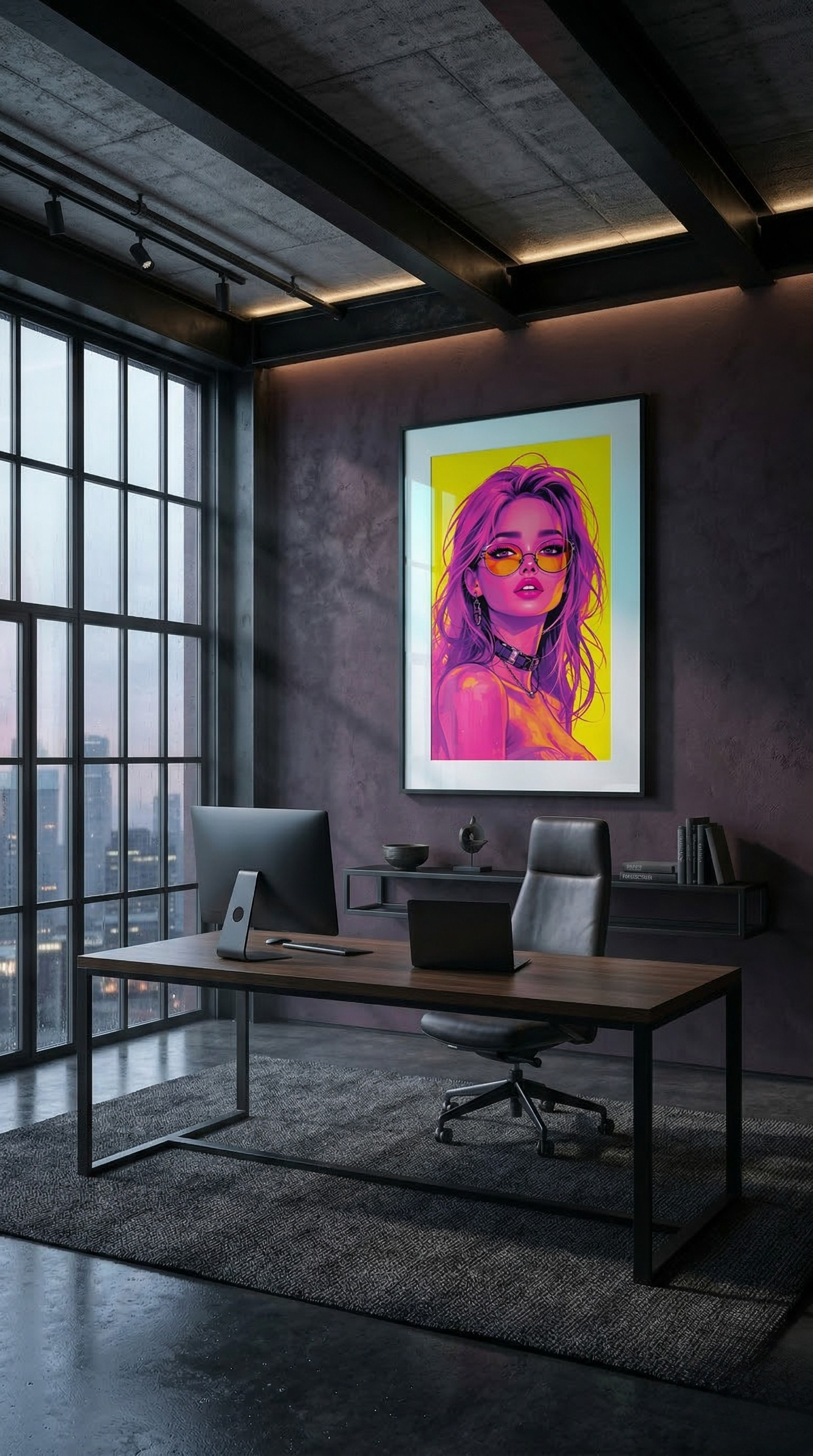 Neon Muse – Fille cyberpunk pop art en rose et jaune | Affiche de qualité galerie