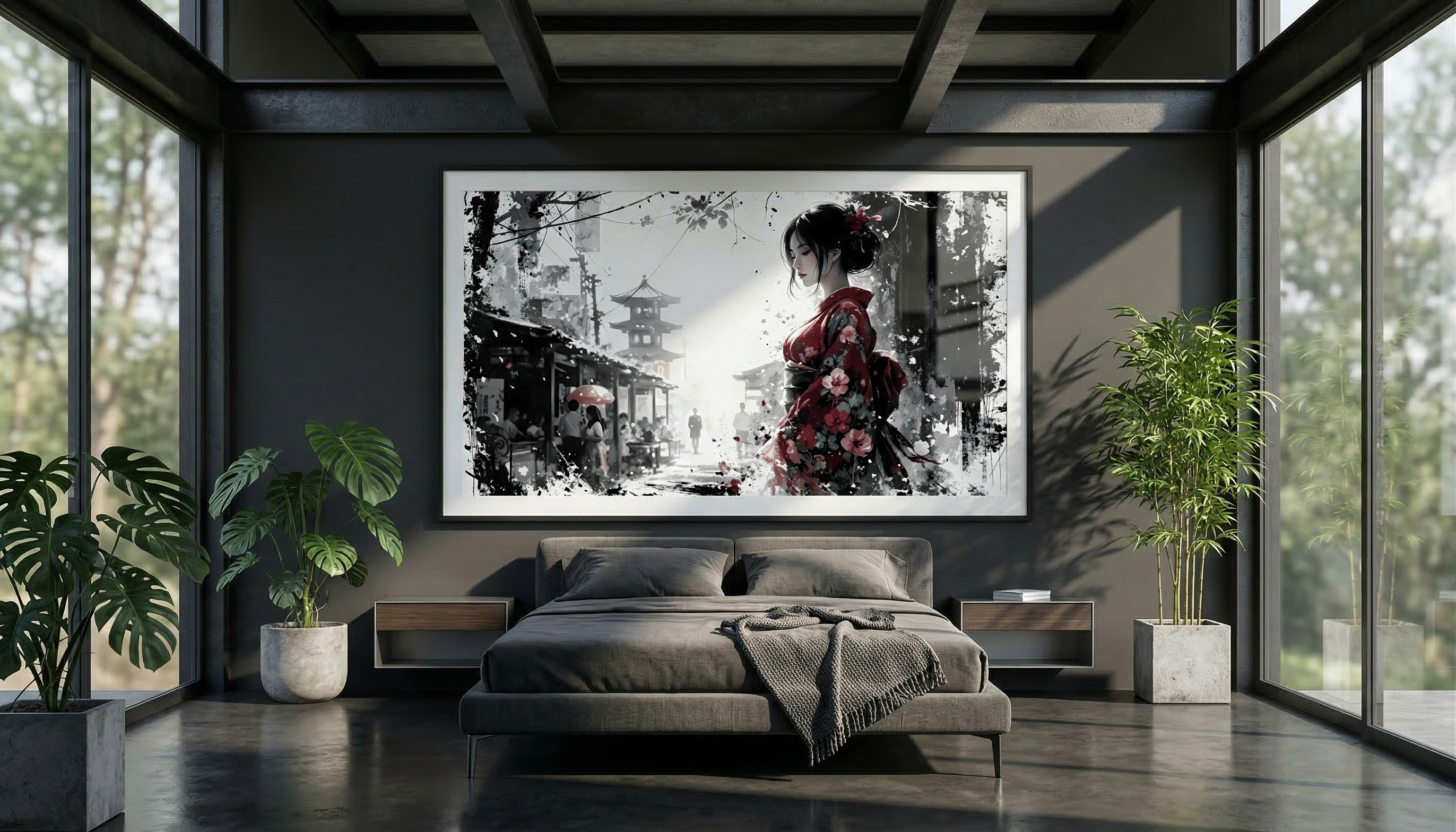 Silent Presence – Japanese Woman in a Red Kimono | Gallery-Quality Poster