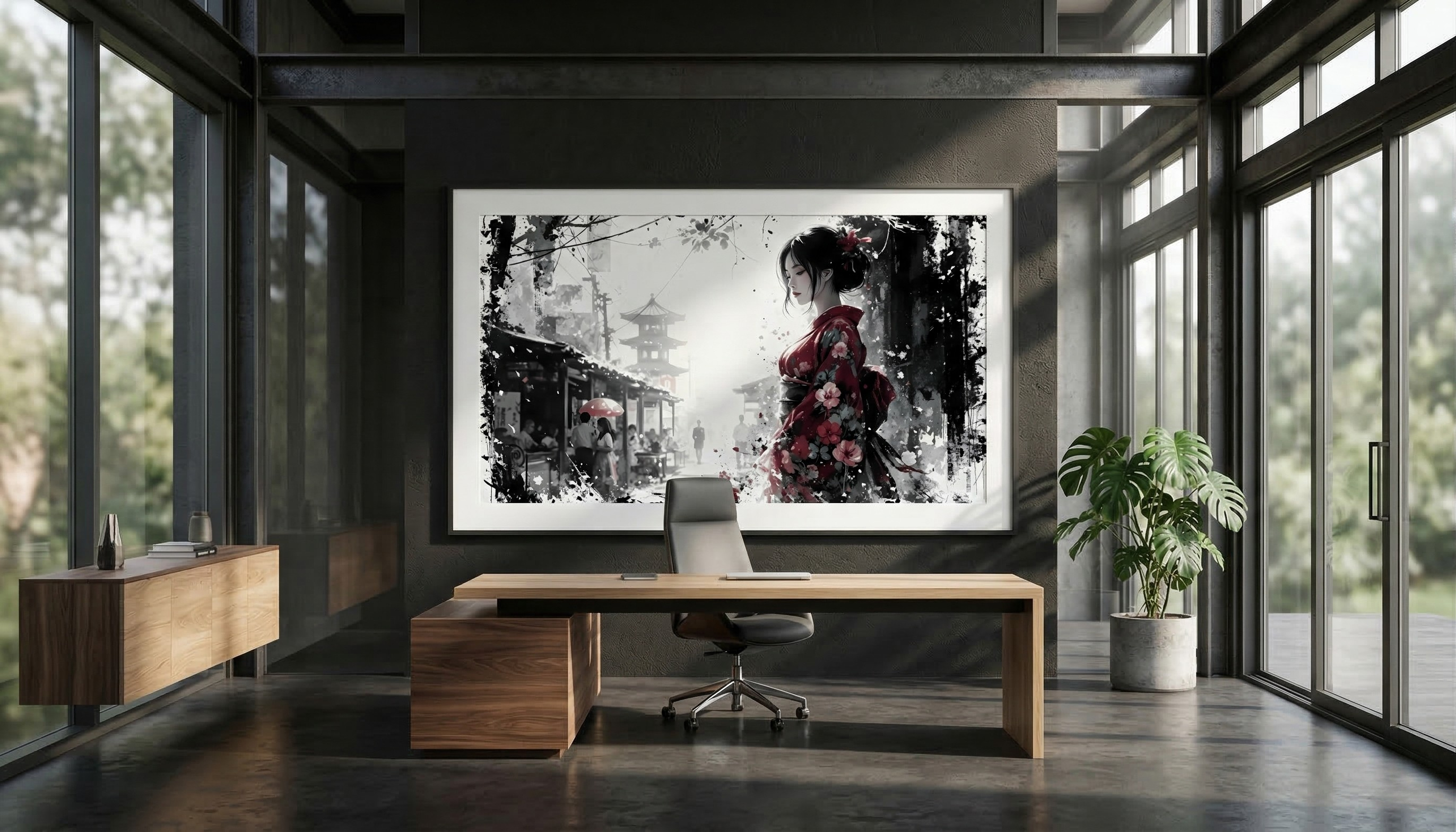 Silent Presence – Japanese Woman in a Red Kimono | Gallery-Quality Poster