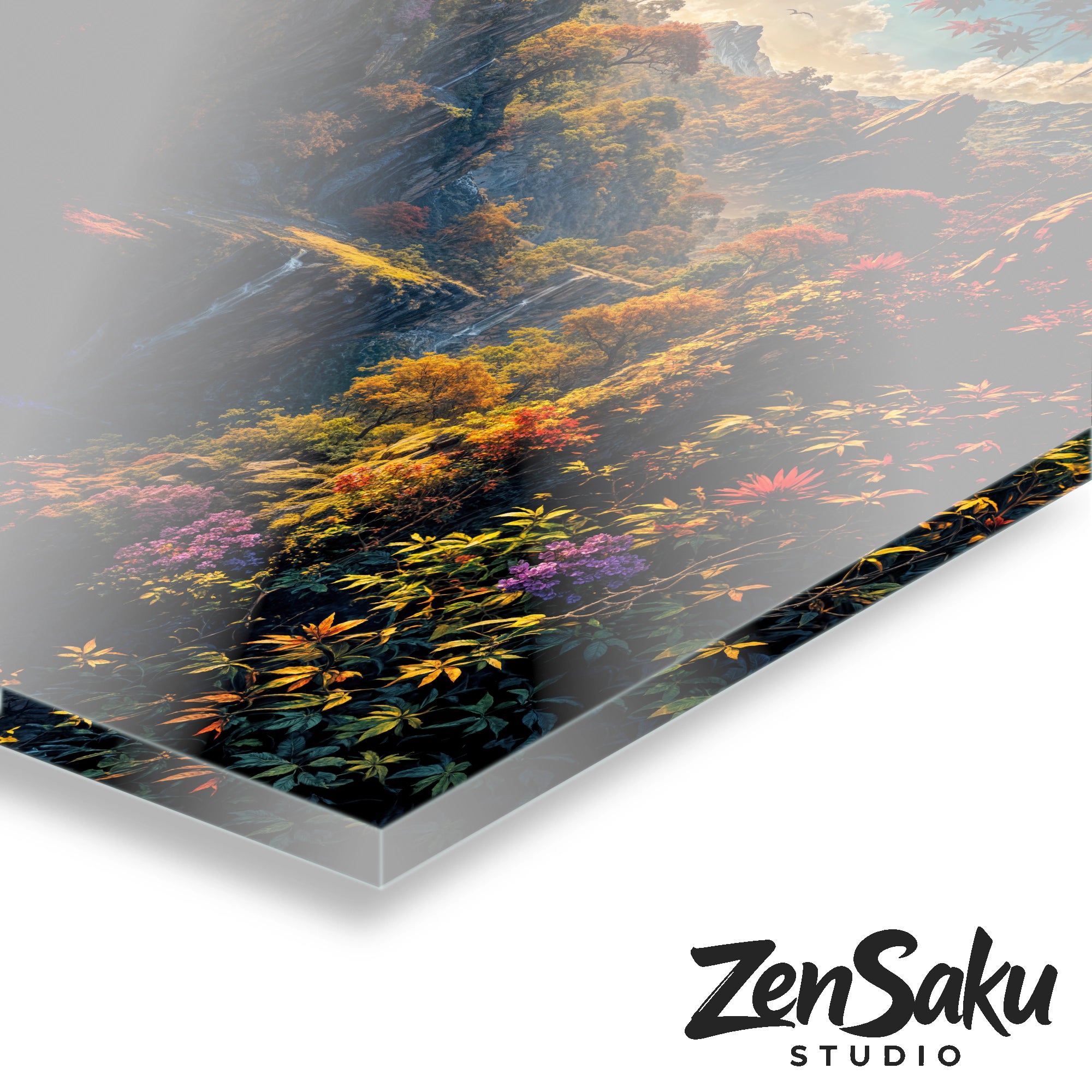 Bezaubernde Fantasy Landschaft – Märchenhafte Natur mit Wasserfall und Herbstwald | Acrylglas Wandbild von ZenSaku Studio