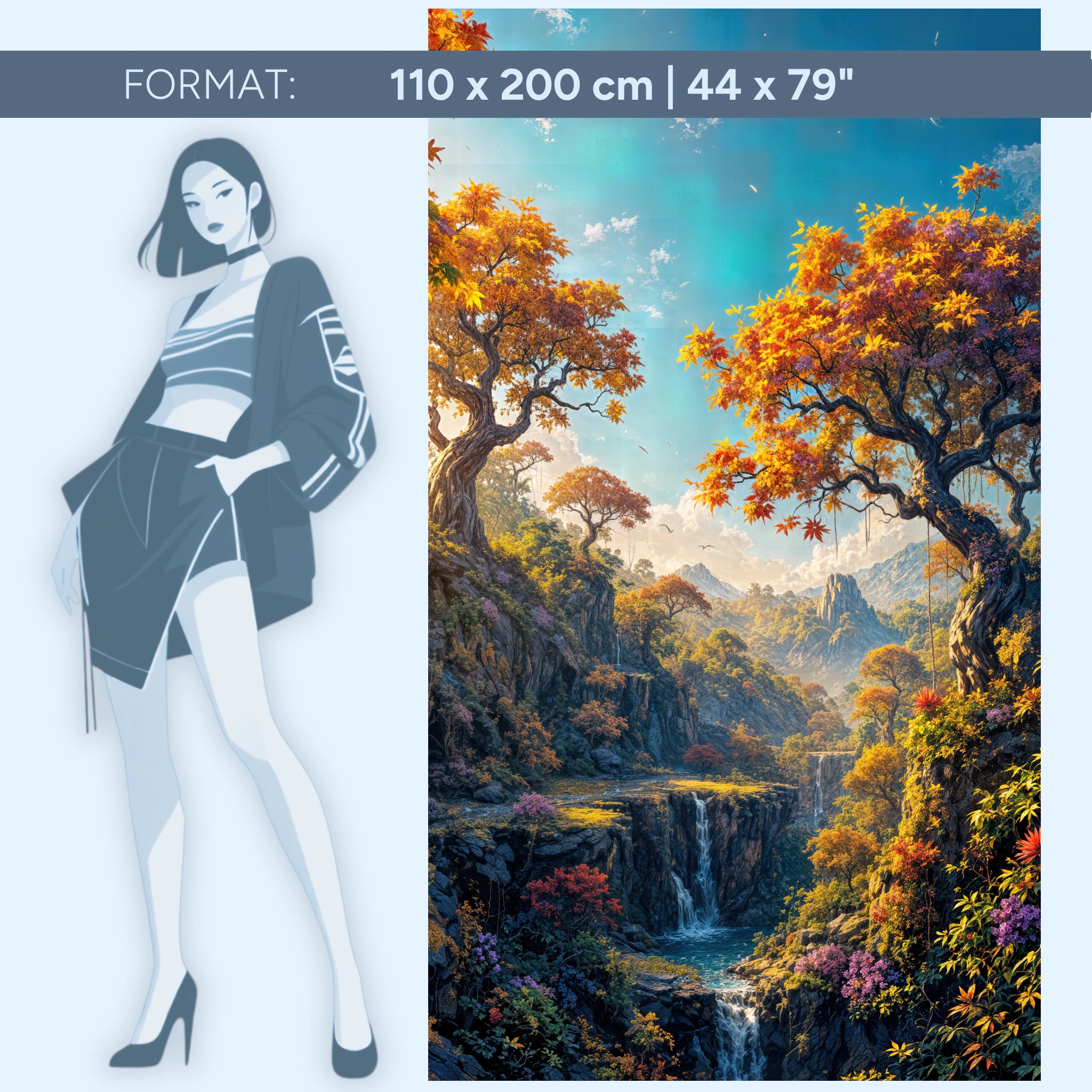 Bezaubernde Fantasy Landschaft – Märchenhafte Natur mit Wasserfall und Herbstwald | Acrylglas Wandbild von ZenSaku Studio