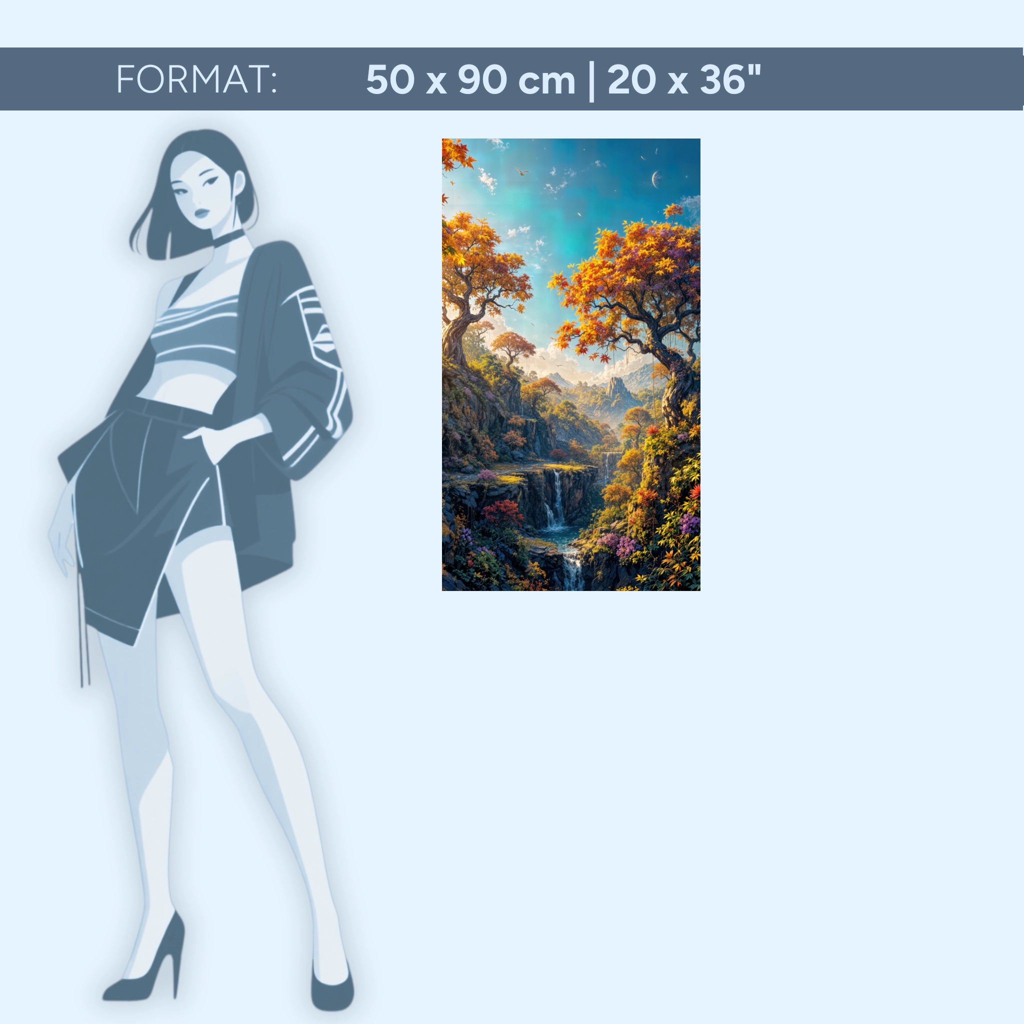 Bezaubernde Fantasy Landschaft – Märchenhafte Natur mit Wasserfall und Herbstwald | Acrylglas Wandbild von ZenSaku Studio