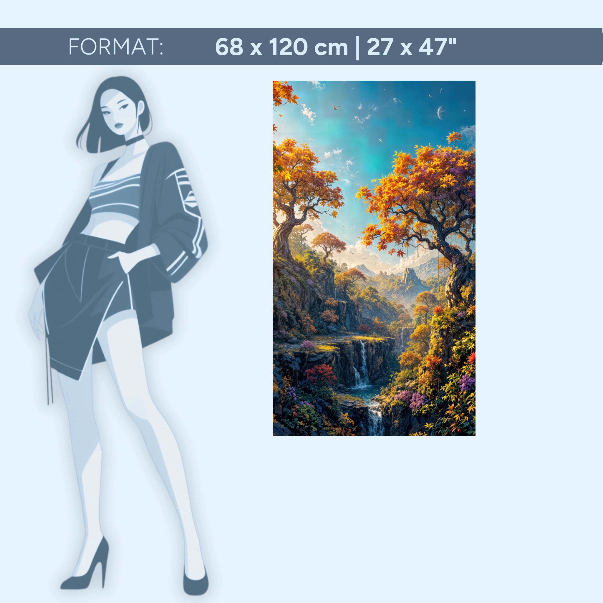 Bezaubernde Fantasy Landschaft – Märchenhafte Natur mit Wasserfall und Herbstwald | Acrylglas Wandbild von ZenSaku Studio