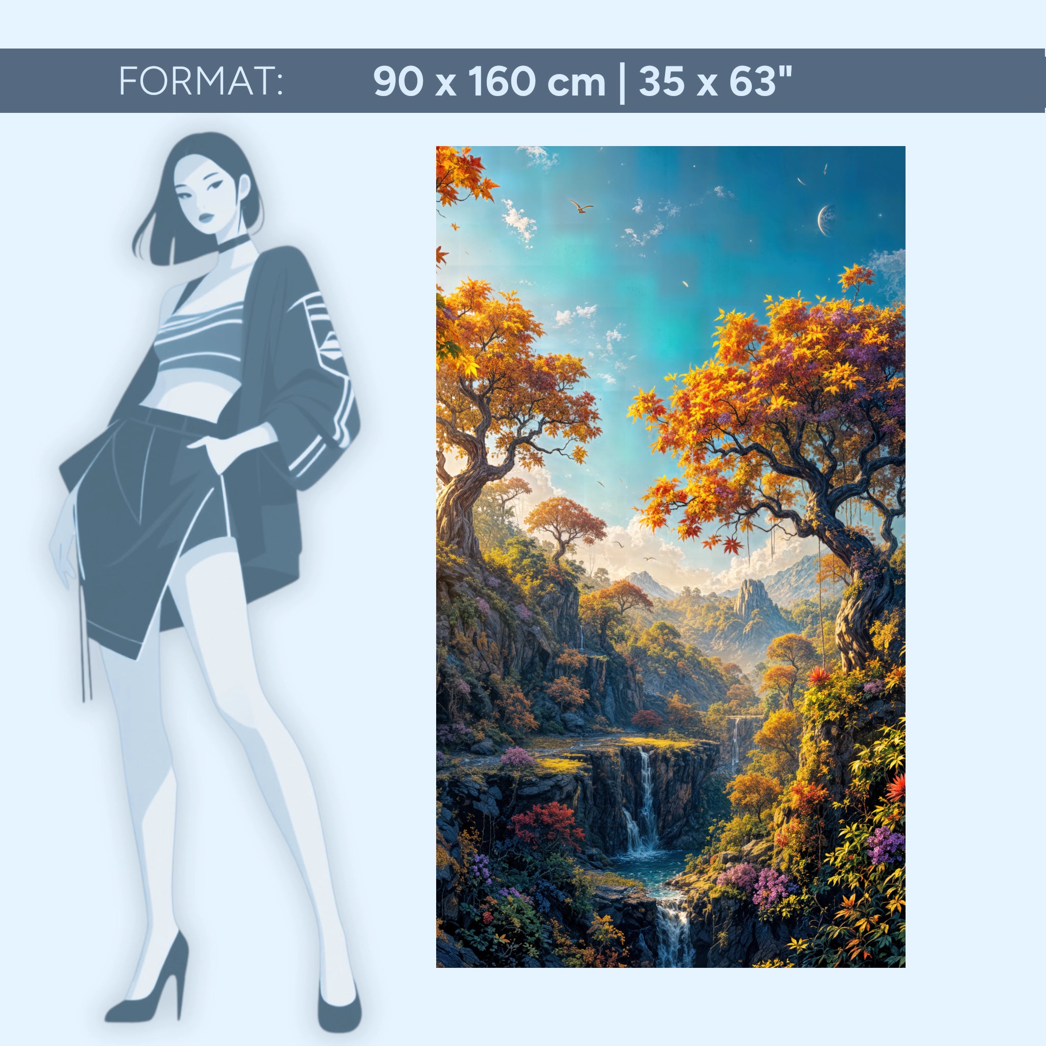 Bezaubernde Fantasy Landschaft – Märchenhafte Natur mit Wasserfall und Herbstwald | Acrylglas Wandbild von ZenSaku Studio