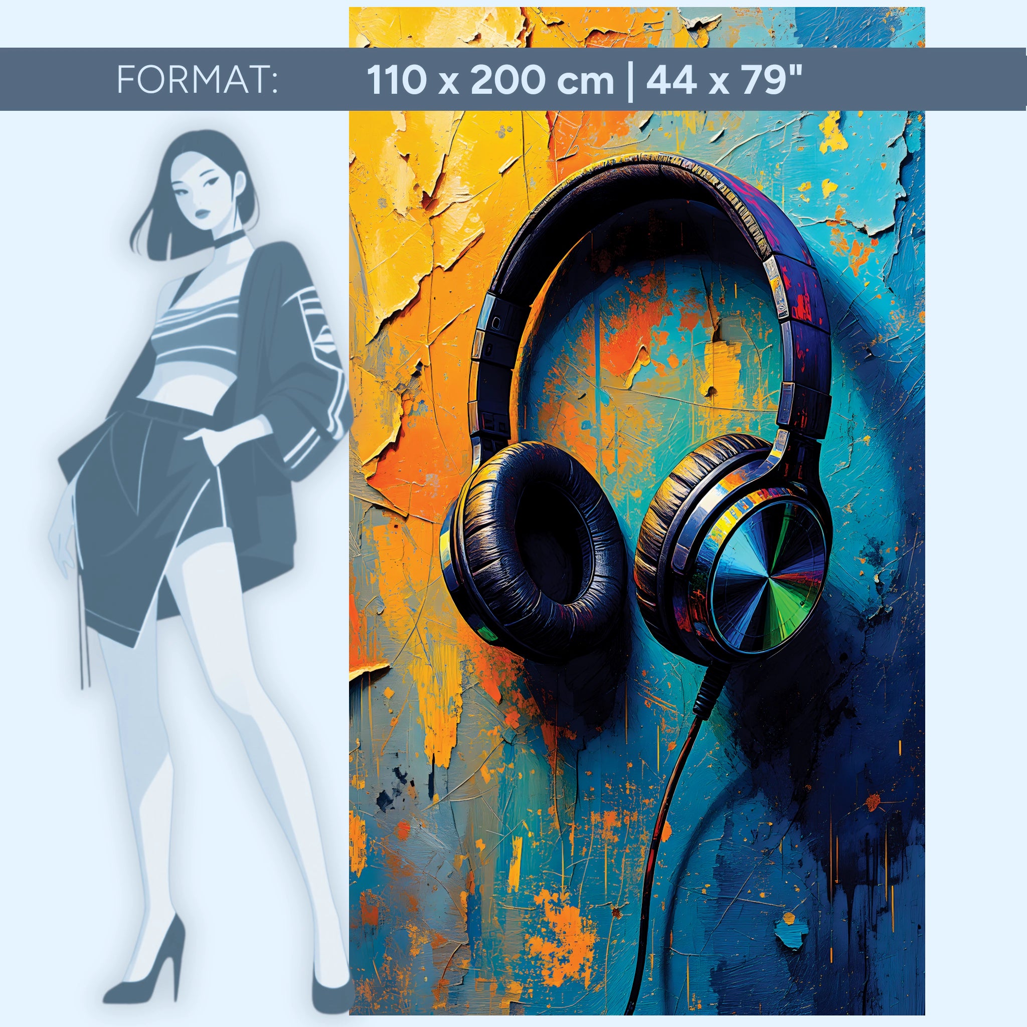 Acrylglasbild Großstadt-Sound – Kopfhörer Kunst in kräftigen Farben