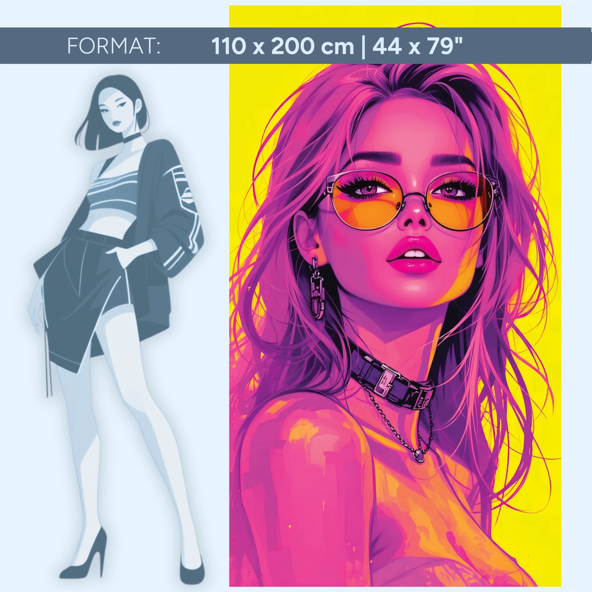 Neon Muse – Fille cyberpunk pop art en rose et jaune | Tableau mural en verre acrylique de qualité supérieure