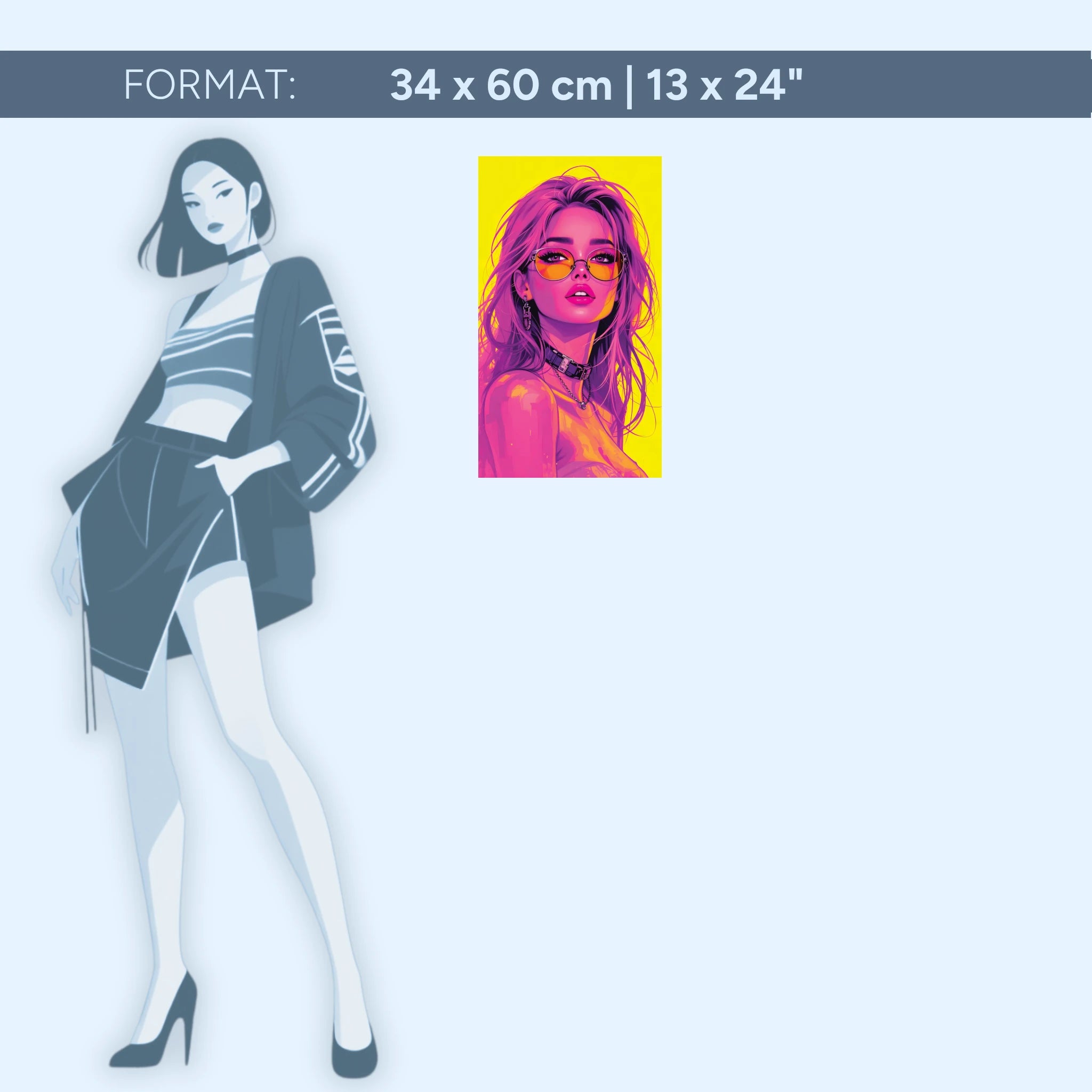 Neon Muse – Fille cyberpunk pop art en rose et jaune | Tableau mural en verre acrylique de qualité supérieure