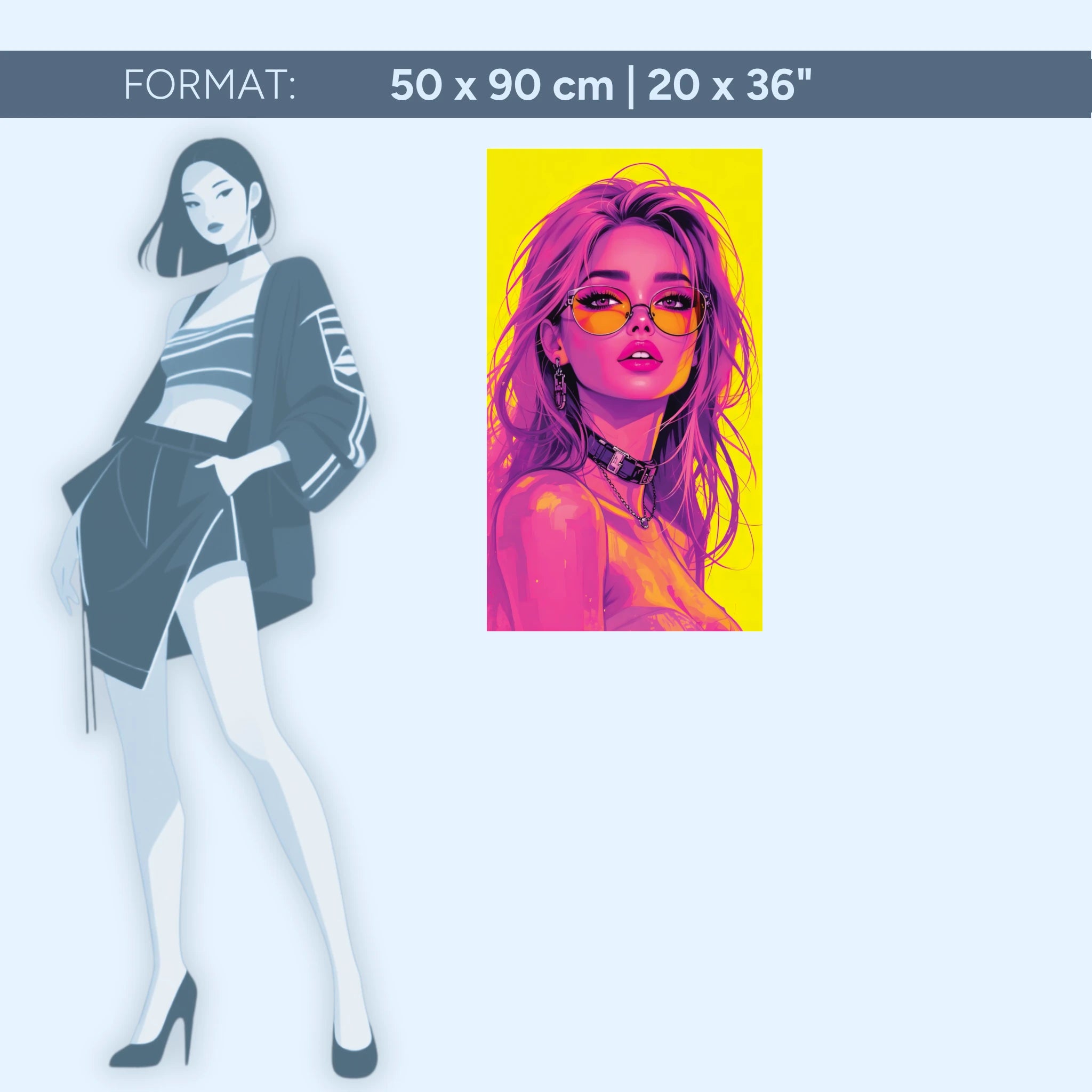 Neon Muse – Fille cyberpunk pop art en rose et jaune | Tableau mural en verre acrylique de qualité supérieure