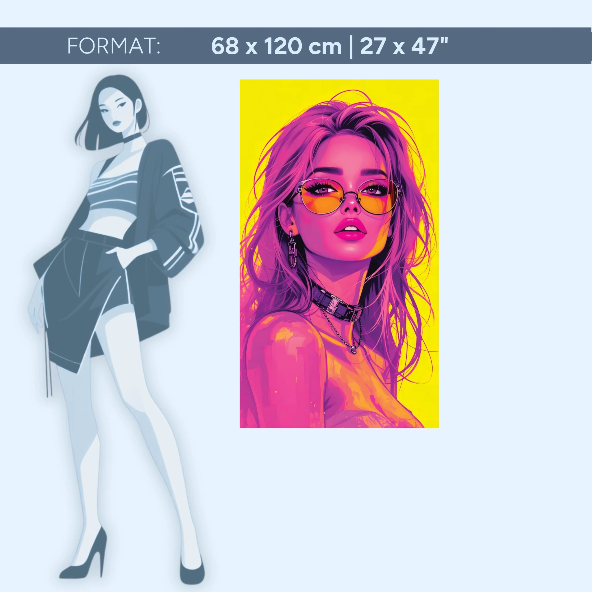 Neon Muse – Fille cyberpunk pop art en rose et jaune | Tableau mural en verre acrylique de qualité supérieure