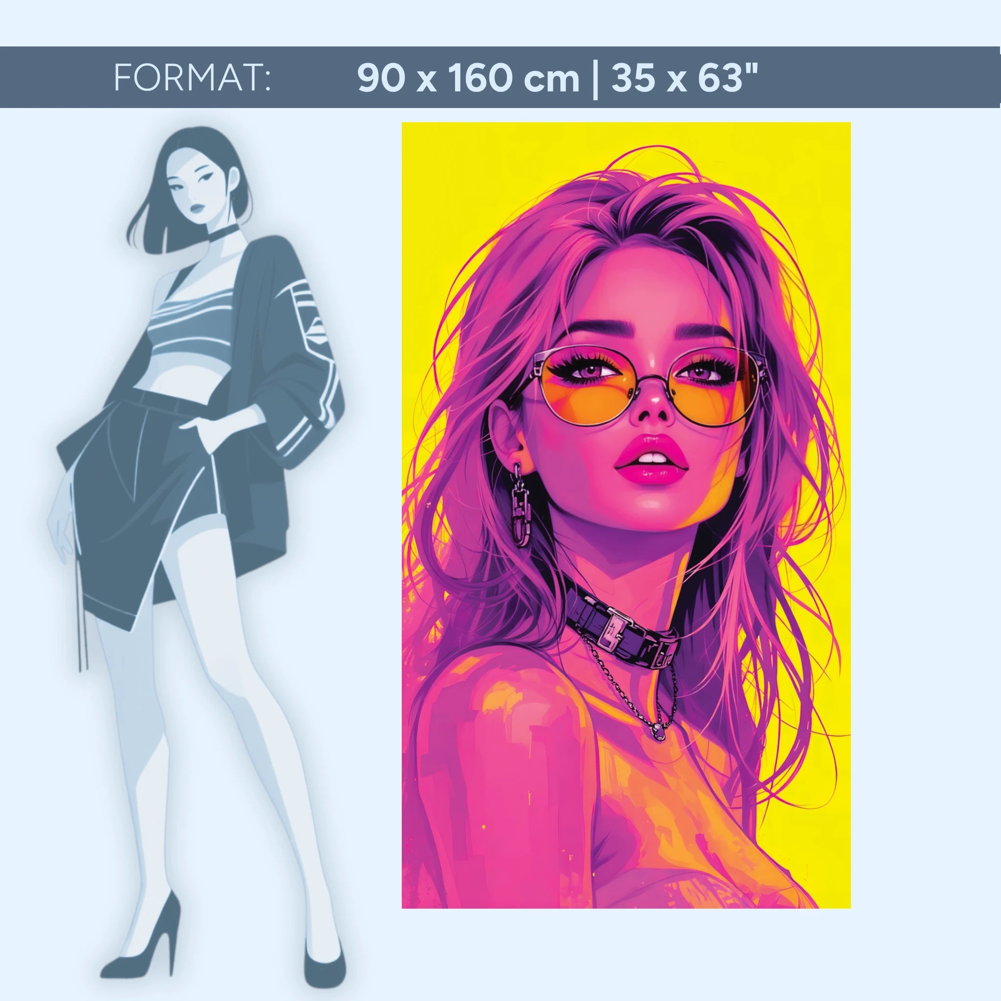 Neon Muse – Fille cyberpunk pop art en rose et jaune | Tableau mural en verre acrylique de qualité supérieure