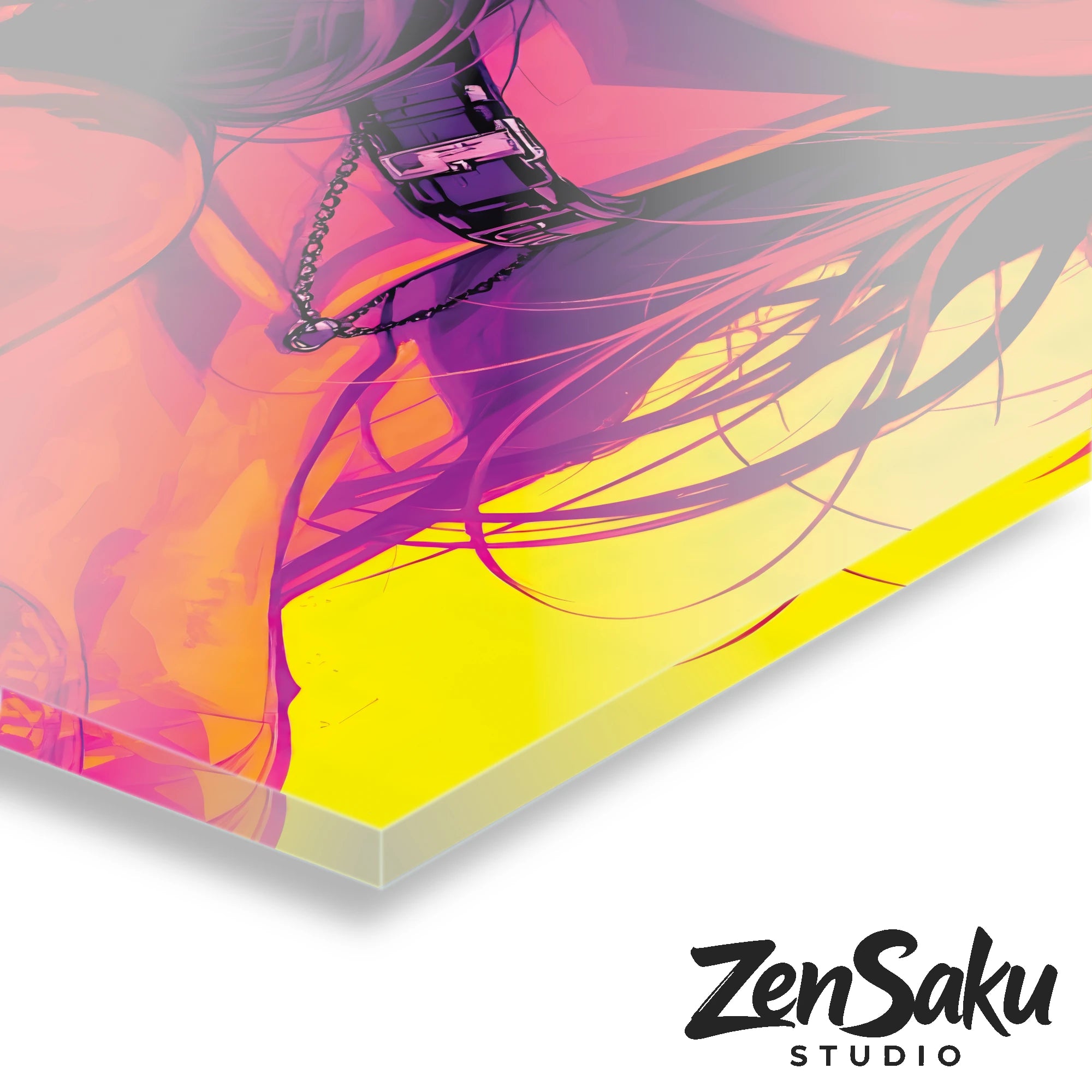 Neon Muse – Fille cyberpunk pop art en rose et jaune | Tableau mural en verre acrylique de qualité supérieure