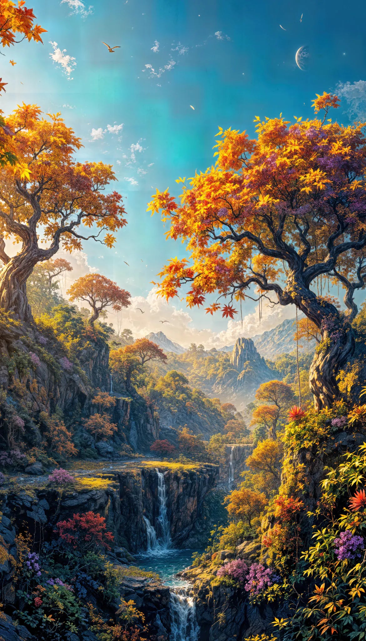 Bezaubernde Fantasy Landschaft – Märchenhafte Natur mit Wasserfall und Herbstwald | Acrylglas Wandbild von ZenSaku Studio