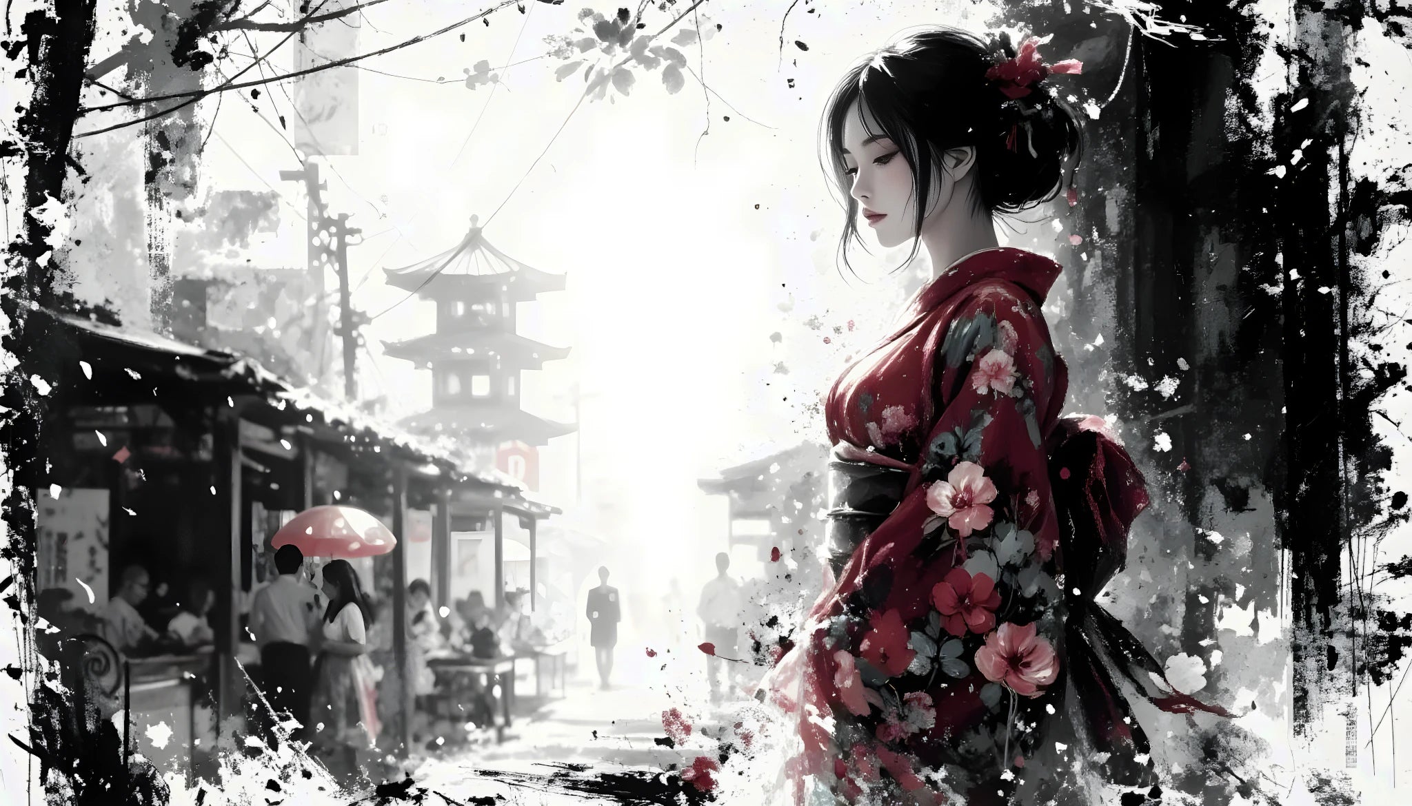 Stille Präsenz – Japanische Frau im roten Kimono | Acrylglas Wandbild von ZenSaku Studio