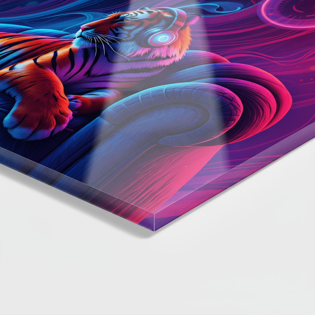 Neon tiger with headphones – acrylic glass wall art for music lovers & modern living