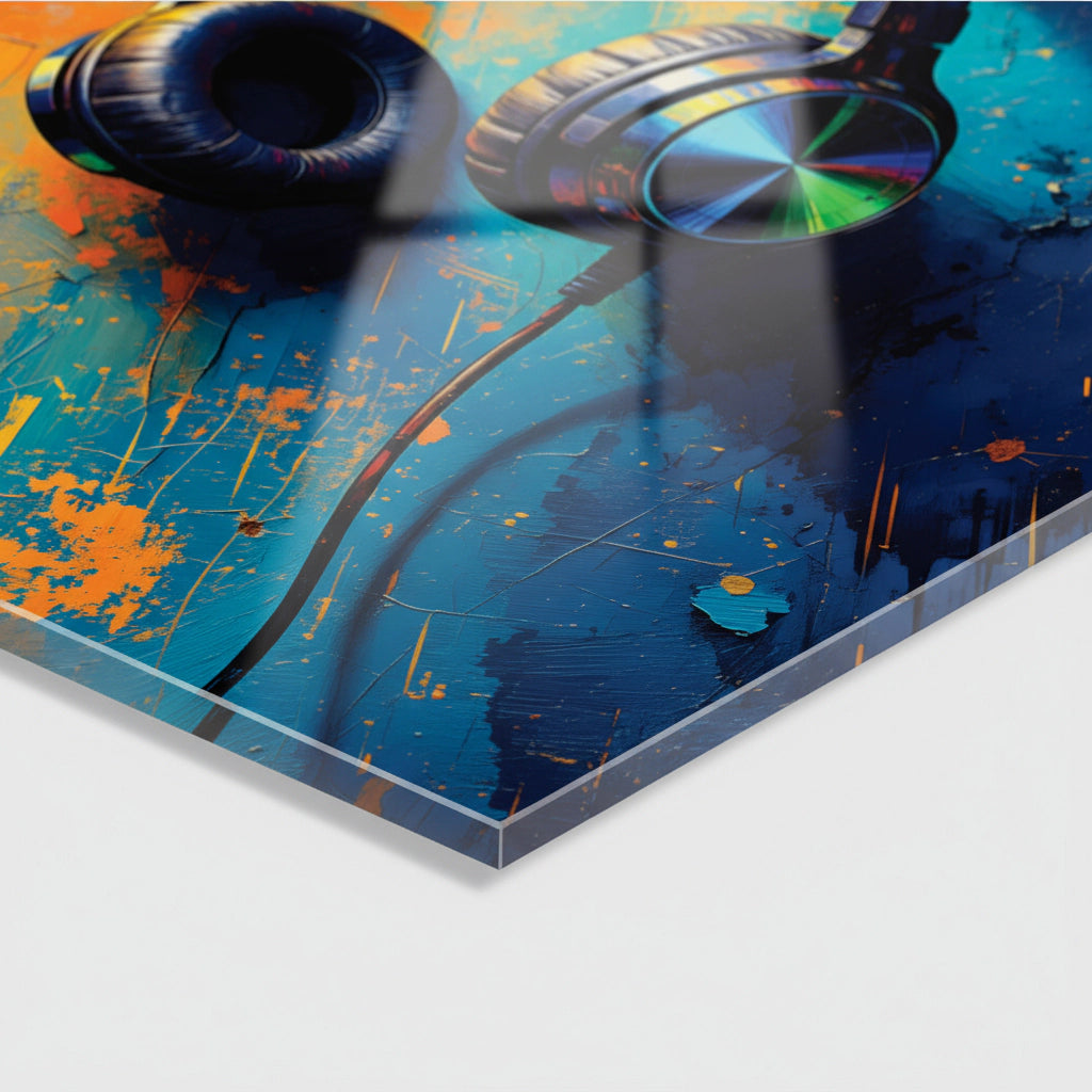 Acrylglasbild Großstadt-Sound – Kopfhörer Kunst in kräftigen Farben