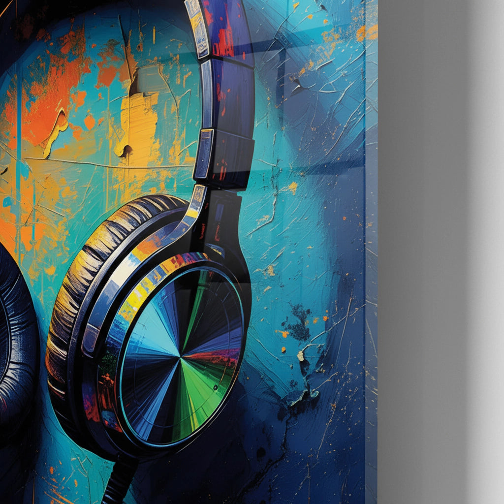 Tableau en verre acrylique Big City Sound – Casques d'écoute Art aux couleurs vives