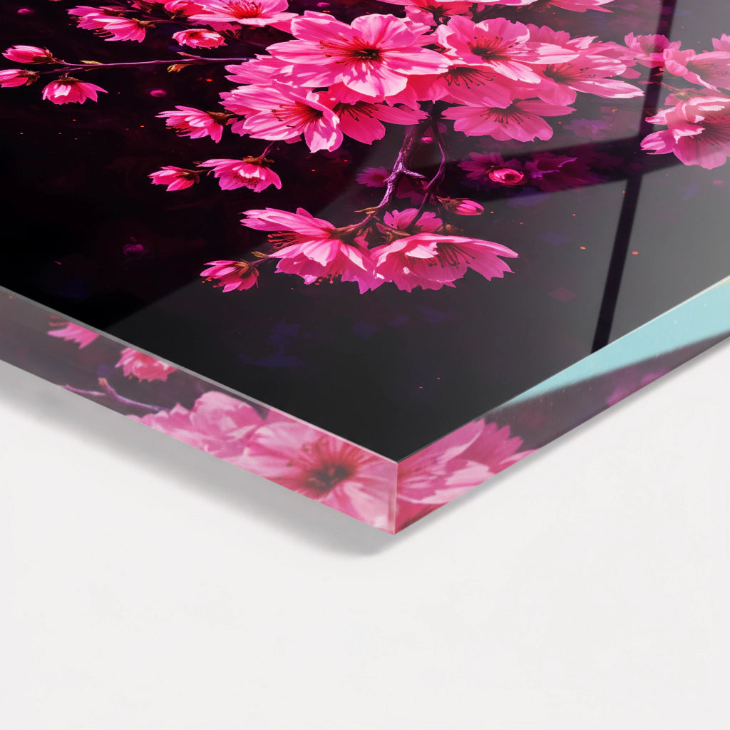 Papier peint acrylique fleurs de cerisier roses sur fond noir – œuvre d'art florale moderne pour salon et chambre