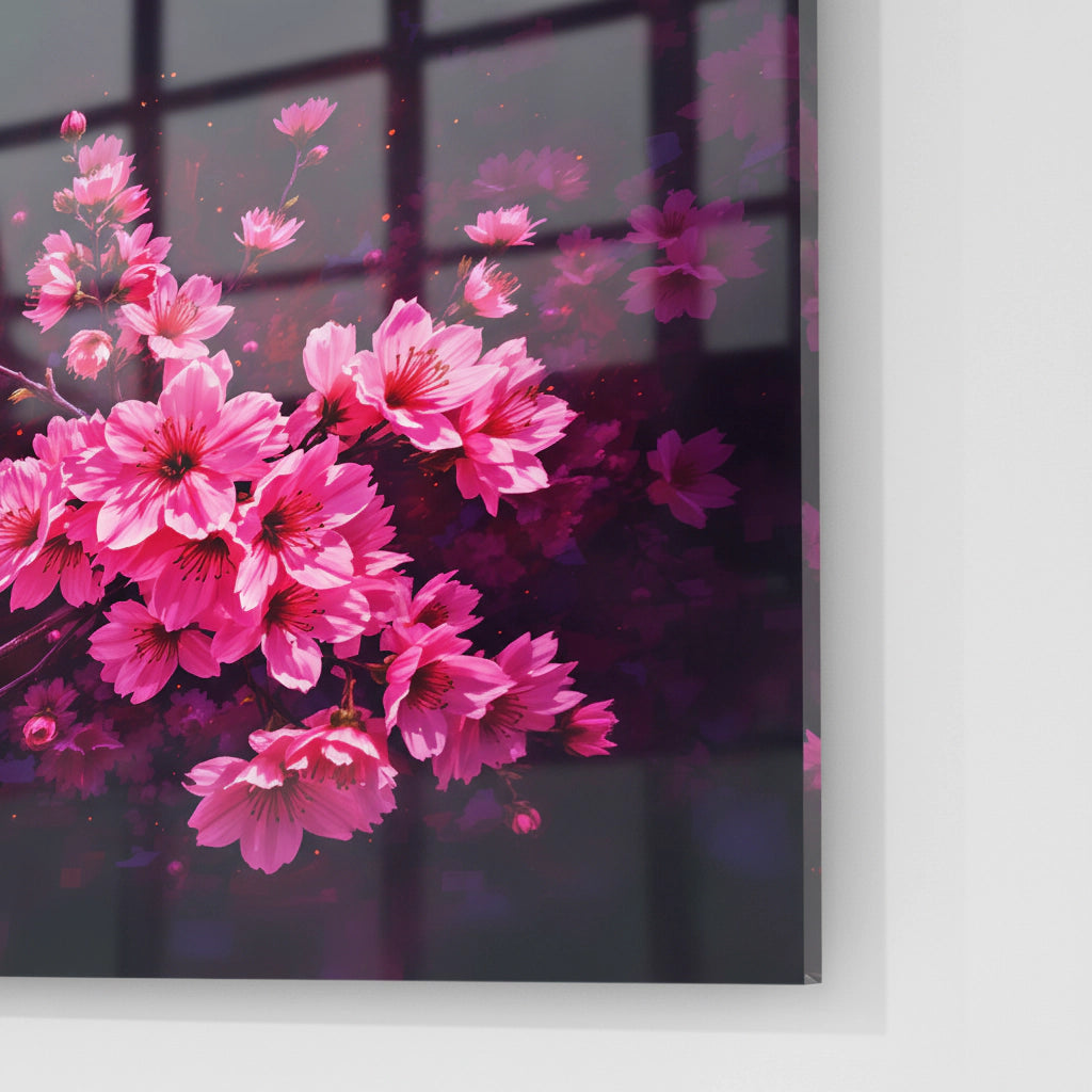 Papier peint acrylique fleurs de cerisier roses sur fond noir – œuvre d'art florale moderne pour salon et chambre