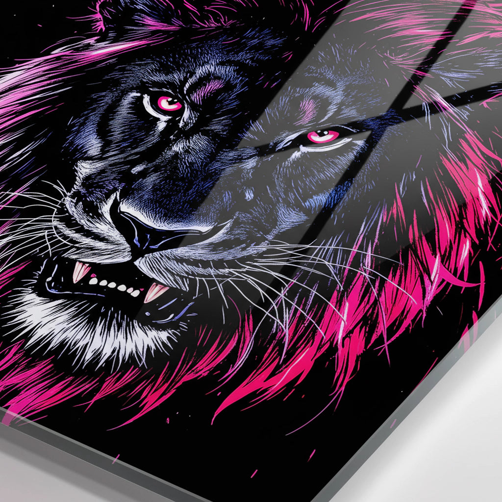 Lion néon lumineux – Tableau mural en verre acrylique « Roi de la nuit » pour un intérieur urbain moderne