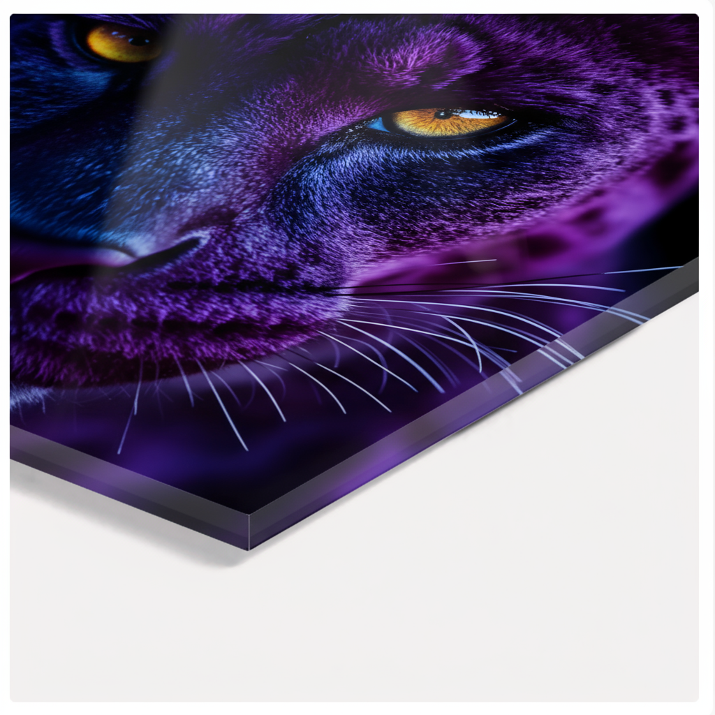 Tableau mural en acrylique représentant un grand félin mystique – Œil de panthère bleu violet – Portrait animalier puissant pour le salon
