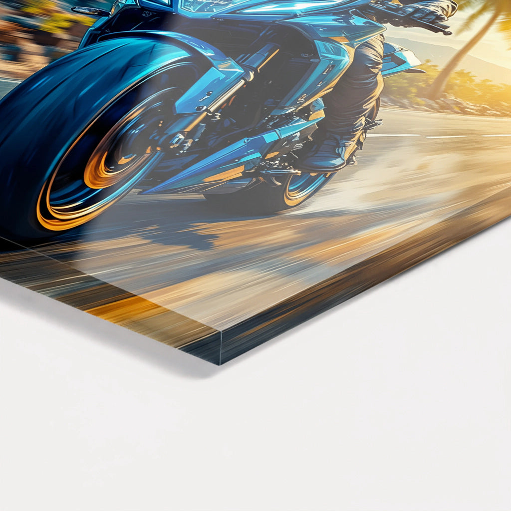 Vitesse en bleu - Tableau mural en verre acrylique pour les fans de moto et les amateurs de vitesse