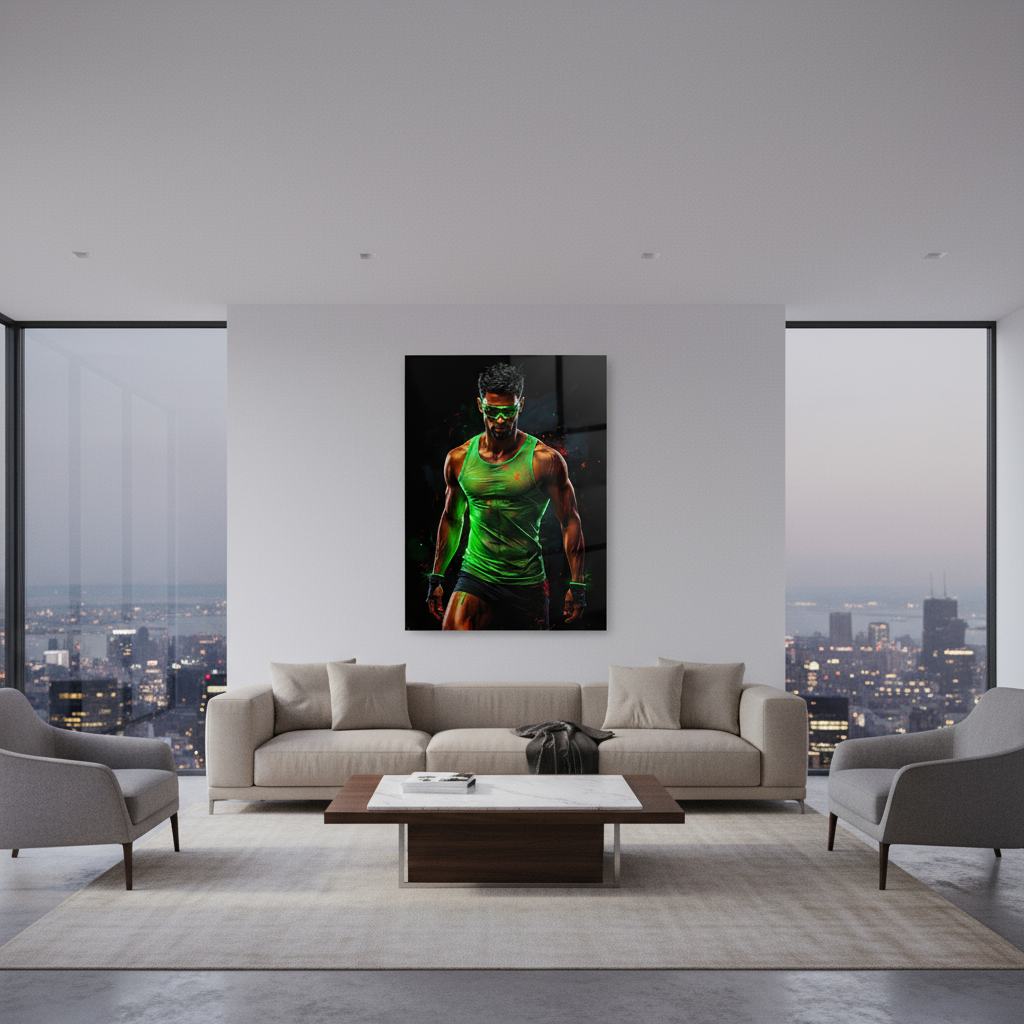 Neon Warrior – Acrylglasbild im futuristischen Fitness-Design | Kraft & Energie für dein Zuhause oder Gym