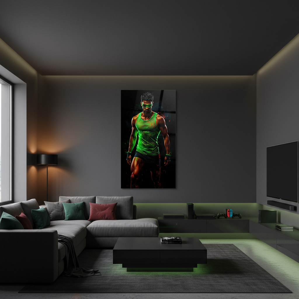 Neon Warrior – Acrylglasbild im futuristischen Fitness-Design | Kraft & Energie für dein Zuhause oder Gym