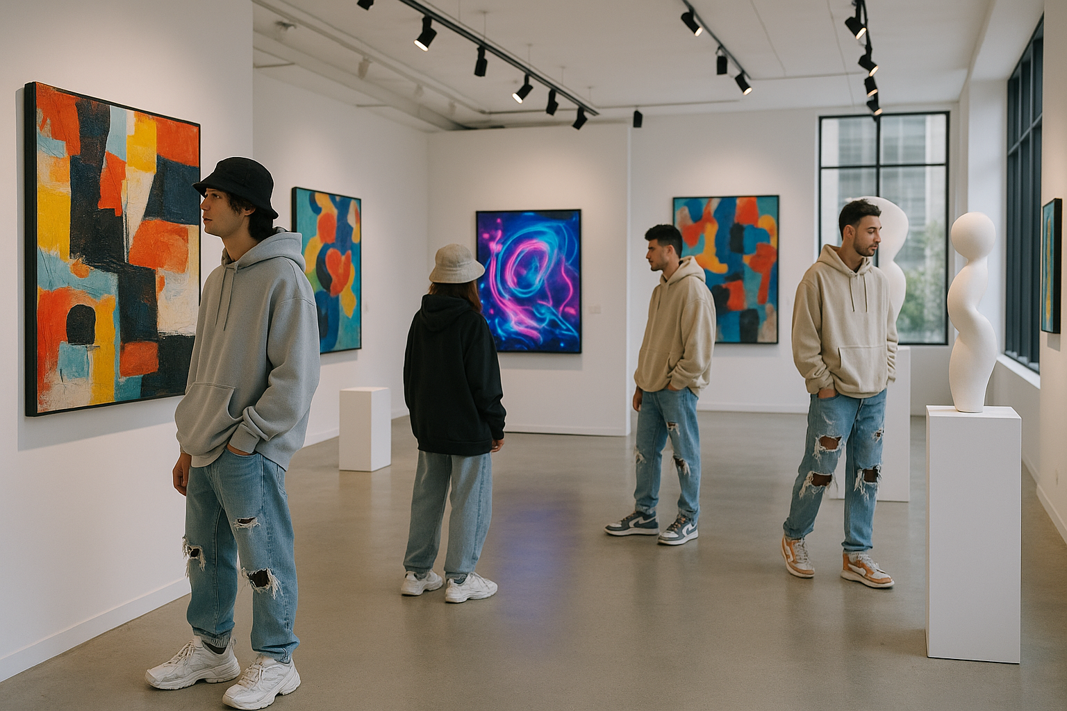 Eine Galerie mit modernen Kunstwerken und hjippen Menschen in Streetwear Look