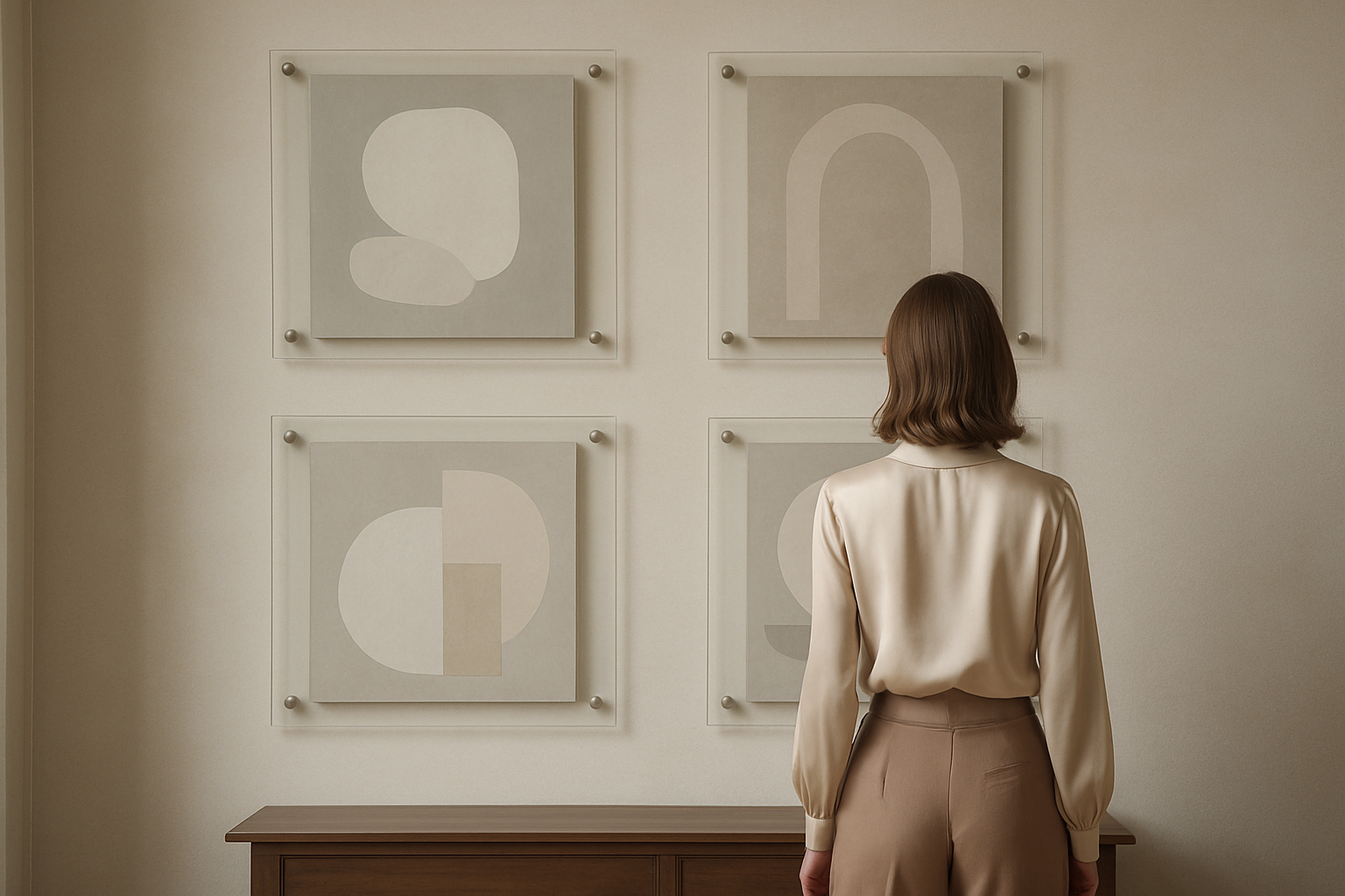 Eine Wand mit einer Sammlung von acrylglasbildern. Davor steht eine Frau in luxuriöser Kleidung. Ihr Rücken zeigt zur Kamera. Das gesamte Bild ist harmonisch und sehr dezent. 