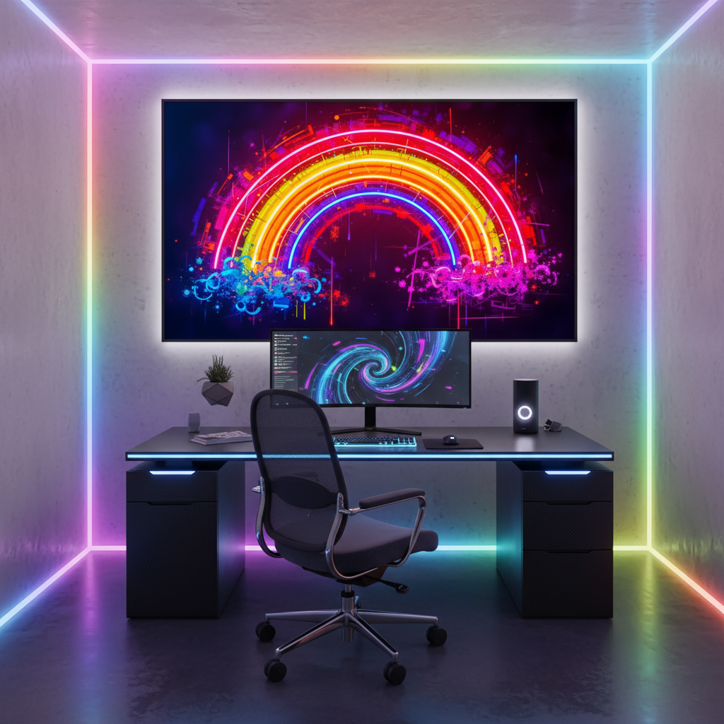 Neon Regenbogen Wandbild auf Acrylglas – Futuristische Kunst in leuchtenden Farben