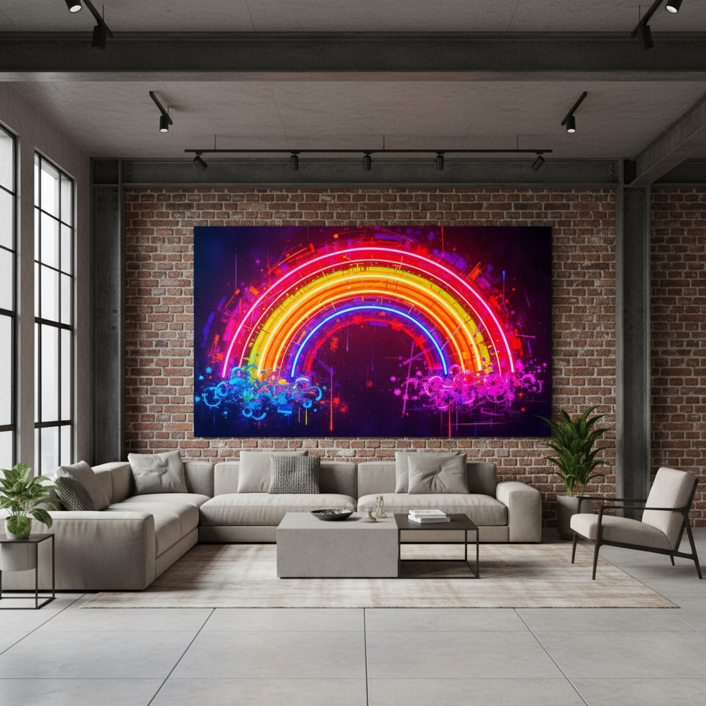 Neon Regenbogen Wandbild auf Acrylglas – Futuristische Kunst in leuchtenden Farben