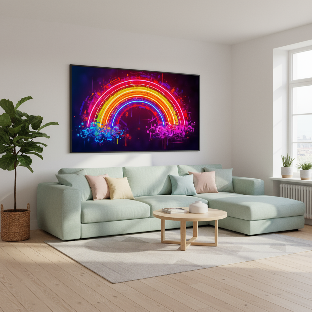 Neon Regenbogen Wandbild auf Acrylglas – Futuristische Kunst in leuchtenden Farben