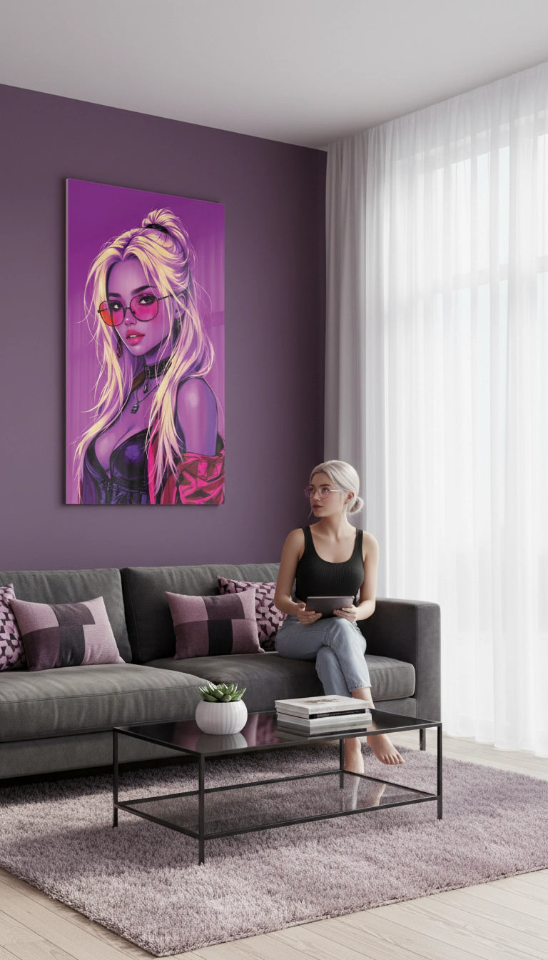 Neon Muse – Pop-Art Cyberpunk Girl in Pink & Violett | Acrylglas Wandbild