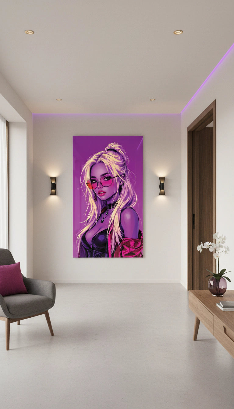 Neon Muse – Pop-Art Cyberpunk Girl in Pink & Violett | Acrylglas Wandbild