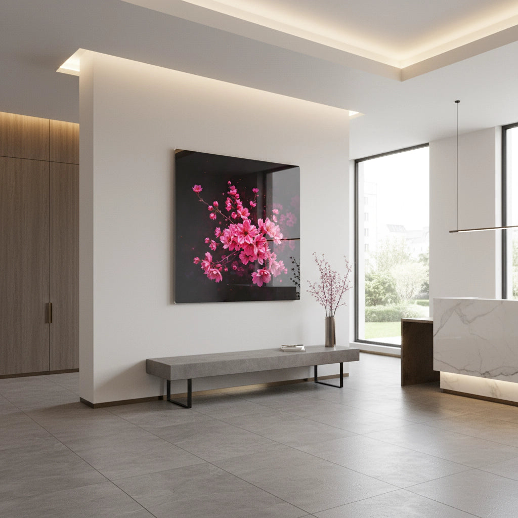 Papier peint acrylique fleurs de cerisier roses sur fond noir – œuvre d'art florale moderne pour salon et chambre