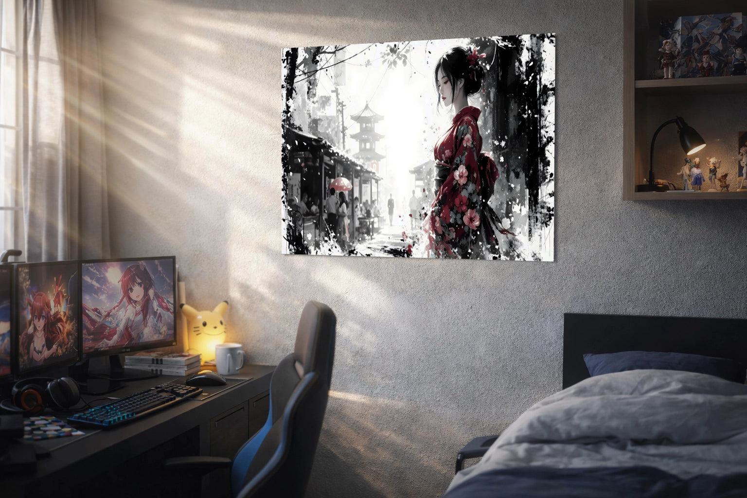 Stille Präsenz – Japanische Frau im roten Kimono | Poster in Galerie-Qualität