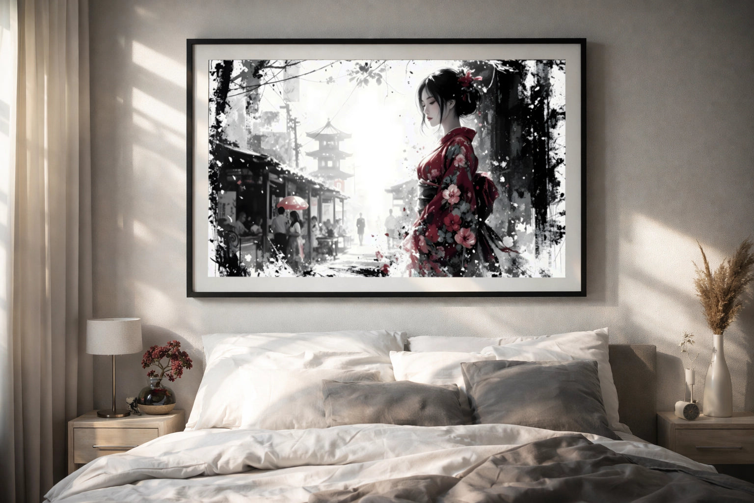 Stille Präsenz – Japanische Frau im roten Kimono | Poster in Galerie-Qualität