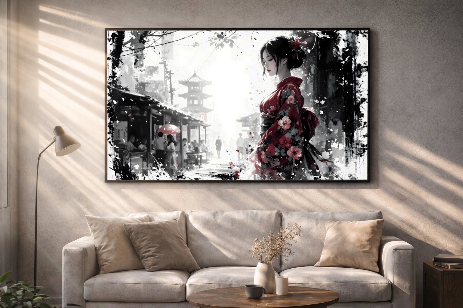Stille Präsenz – Japanische Frau im roten Kimono | Poster in Galerie-Qualität