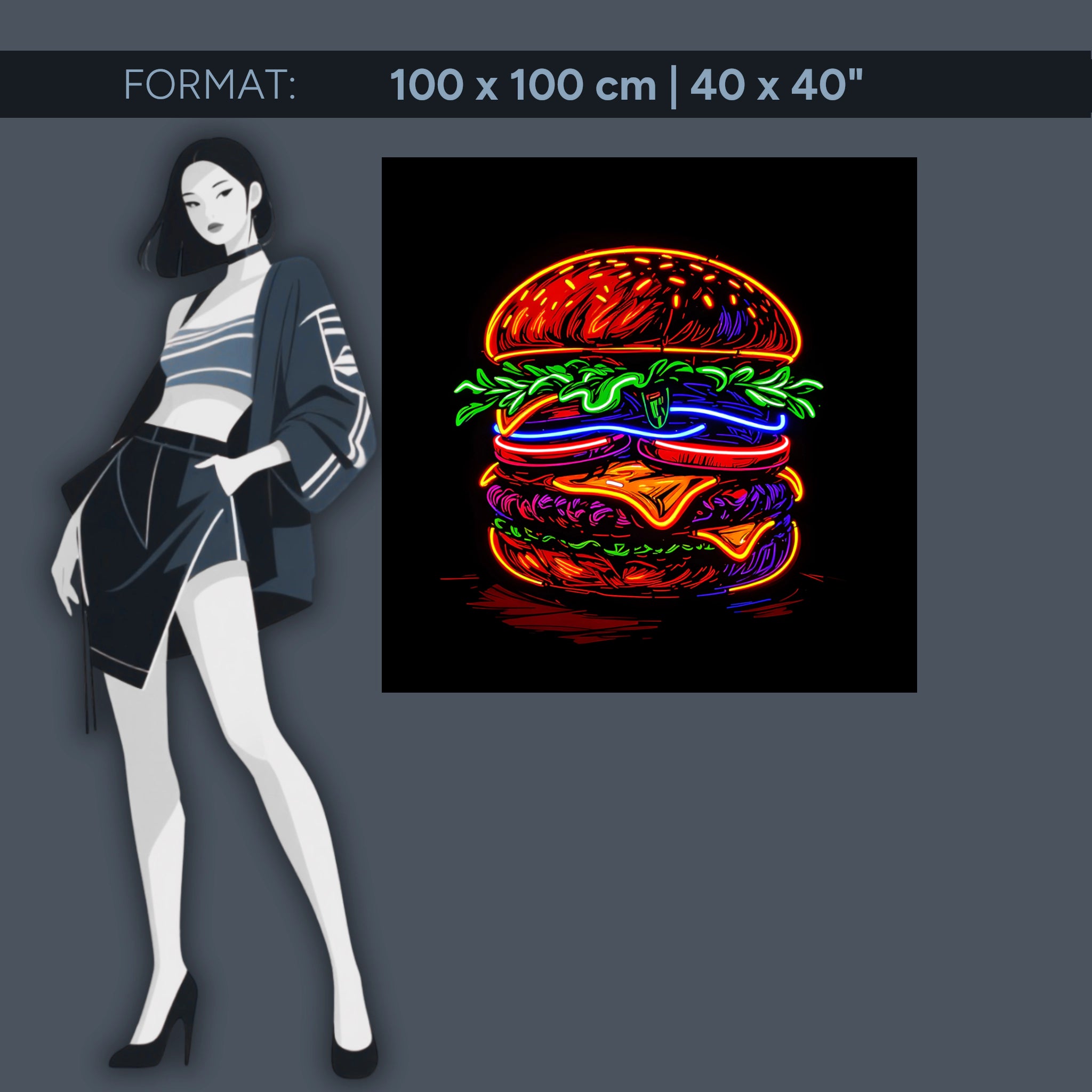 Burger néon lumineux sur acrylique – fresque pop art pour cuisine, bar et restaurant modernes